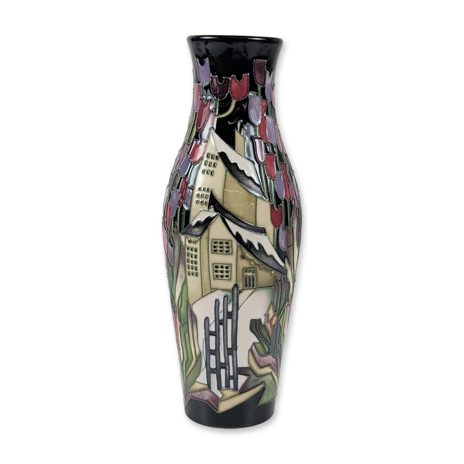 Moorcroft Town of Flowers Ceramic Vase: Moorcroft earthenware vase in the Town of Flowers at Christmas varient pattern designed by Kerry Goodwin, 2009. The ovoid vessel features a flared rim and tube-lined decoration depicting stylized tuli