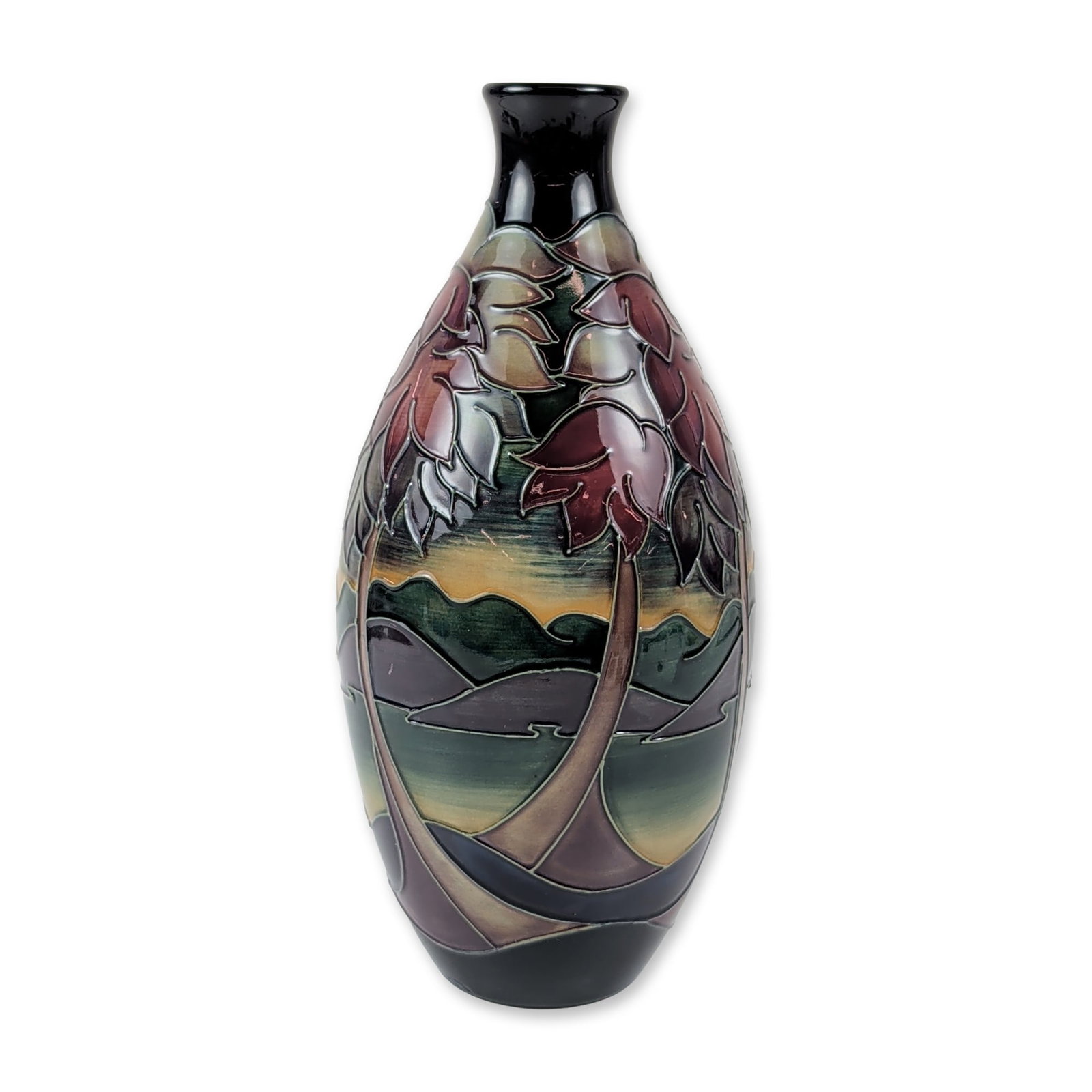 Moorcroft Western Isles Sian Leeper Trial Vase: Moorcroft Pottery, Stoke-on-Trent, England. Earthenware ovoid vase with a flared neck in the Western Isles pattern, designed by Sian Leeper. This trial piece features stylized landscape decoration exe