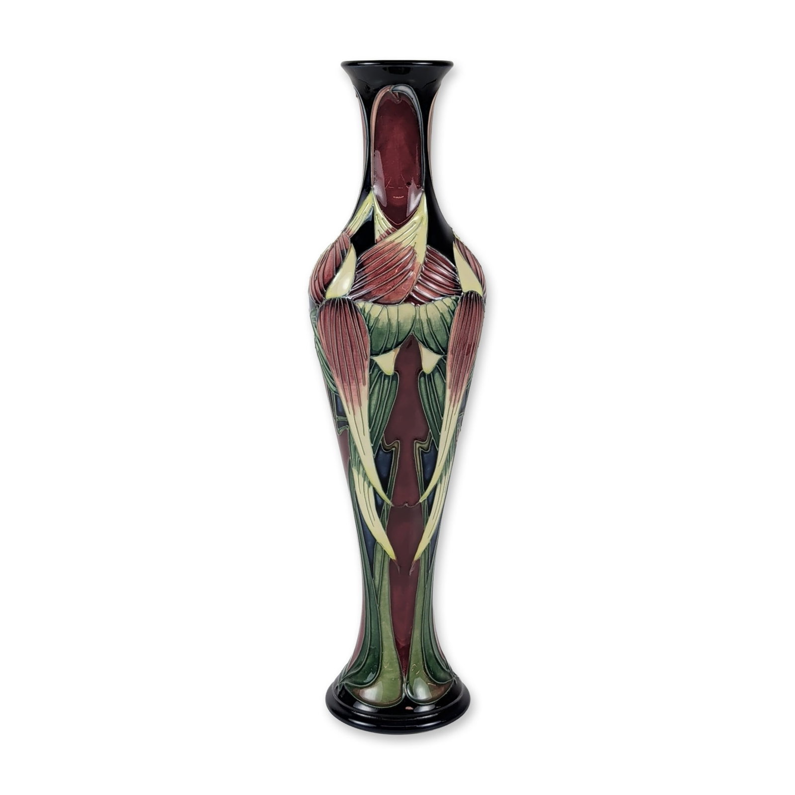 Philip Gibson Moorcroft Trinity Pattern Vase: Philip Gibson for Moorcroft. Tall art pottery vase in the Trinity pattern, featuring tube-lined Art Nouveau floral and foliate motifs in burgundy, sage green, and pale yellow against a high-gloss blac