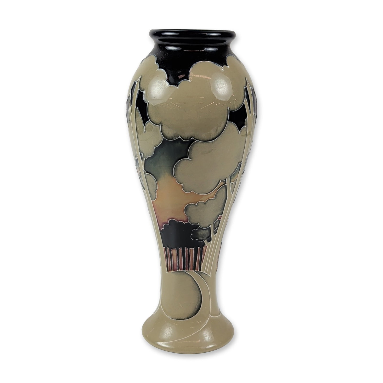 Moorcroft Pottery Eventide Winter Pattern Ceramic Vase: Moorcroft Pottery glazed earthenware vase in the Eventide Winter pattern, designed by Vicky Lovett. The vessel features tubelined decoration depicting stylized trees with sage green canopies set again