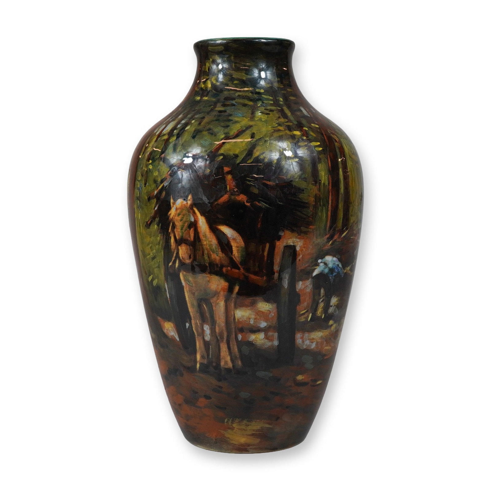 PZH High-Glaze Earthenware Paysage Vase: This ovoid earthenware vase features a high, rounded shoulder and a short, slightly flaring neck, produced by Plateelbakkerij Zuid in Den Haag, Holland. The vessel is decorated in a dark, tonalist pal