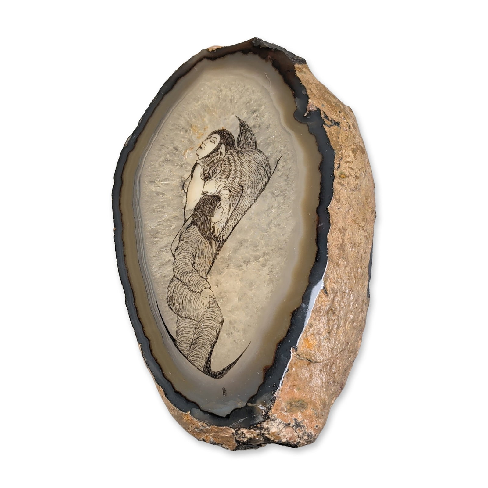 Natural Agate Slice with Wolf & Maiden Artwork: Banded agate geode slice featuring a fine-line etching of a mythological creature with a human head, wing-like fin, and spiraling ribbed tail. The chimeric figure is rendered in black ink with cross-h