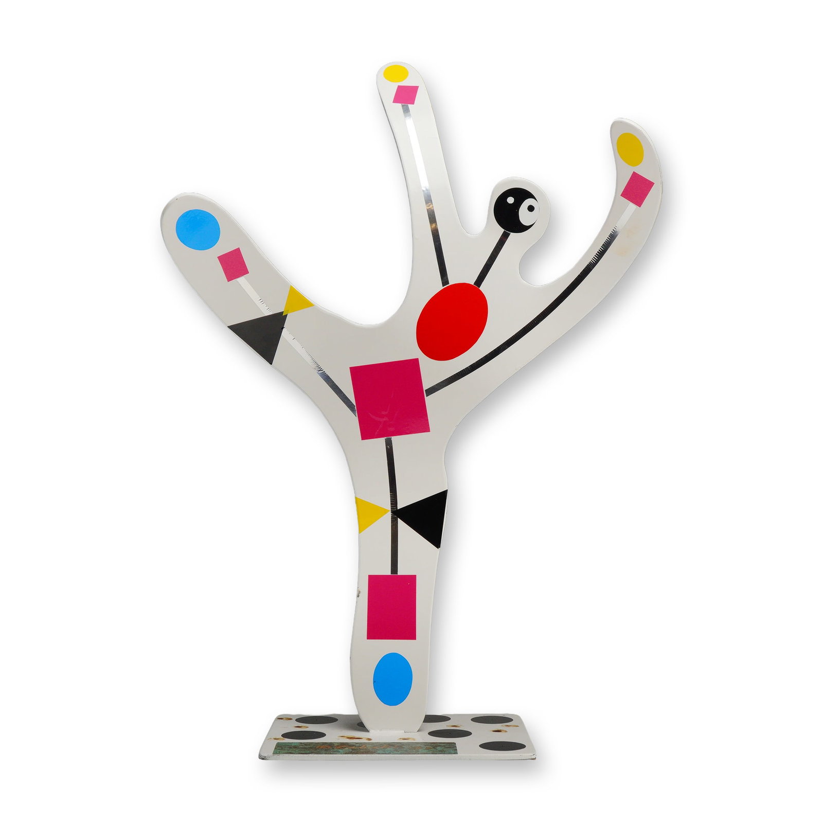 Witold Zaluski Painted Metal Abstract Sculpture: Witold Zaluski (American, 21st Century). Abstract polychrome painted metal sculpture, dated 2005, featuring a stylized branching form. The white-painted surface is decorated with various geometric sha