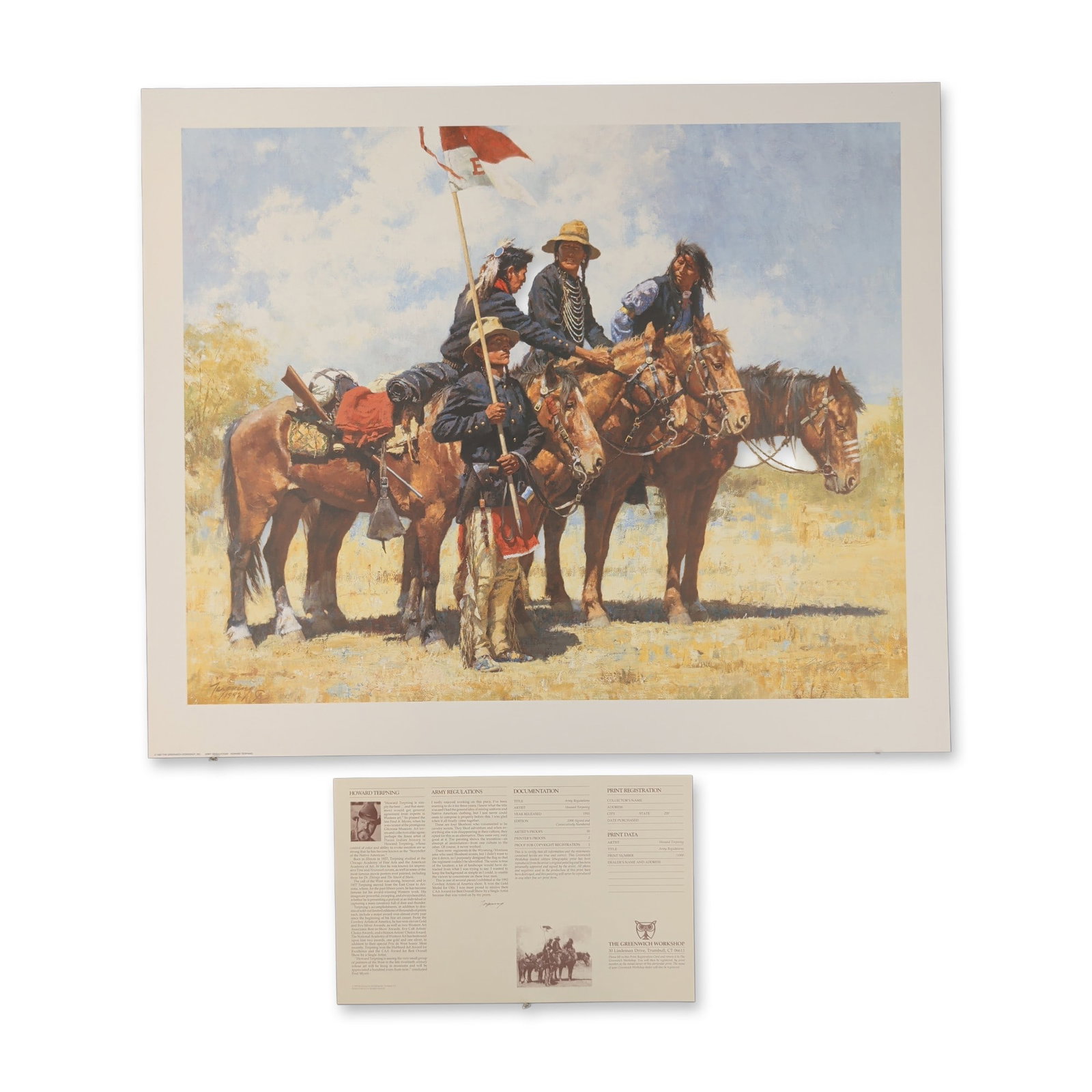 Howard Terpning (American, b. 1927), Army Regulations, Signed Lithograph: Howard Terpning (American, b. 1927). Limited edition lithographic print on paper titled Army Regulations. The work depicts four Shoshone scouts in a mix of traditional and 19th-century United States