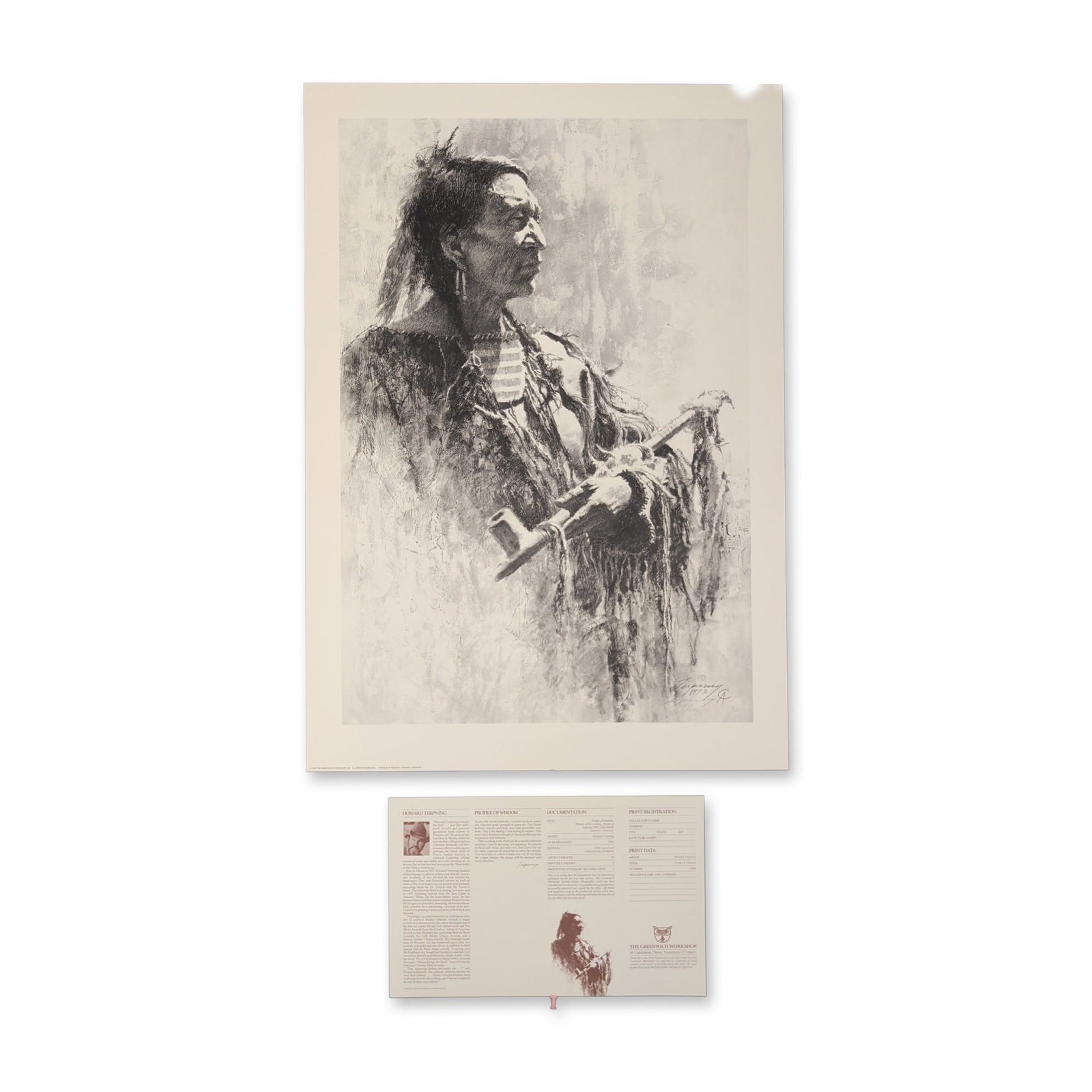 Howard Terpning, Profile of Wisdom Signed Lithograph: Howard Terpning (American, born 1927). Limited edition lithograph on paper titled Profile of Wisdom, published in 1993. The work features a detailed profile portrait of a Native American man,