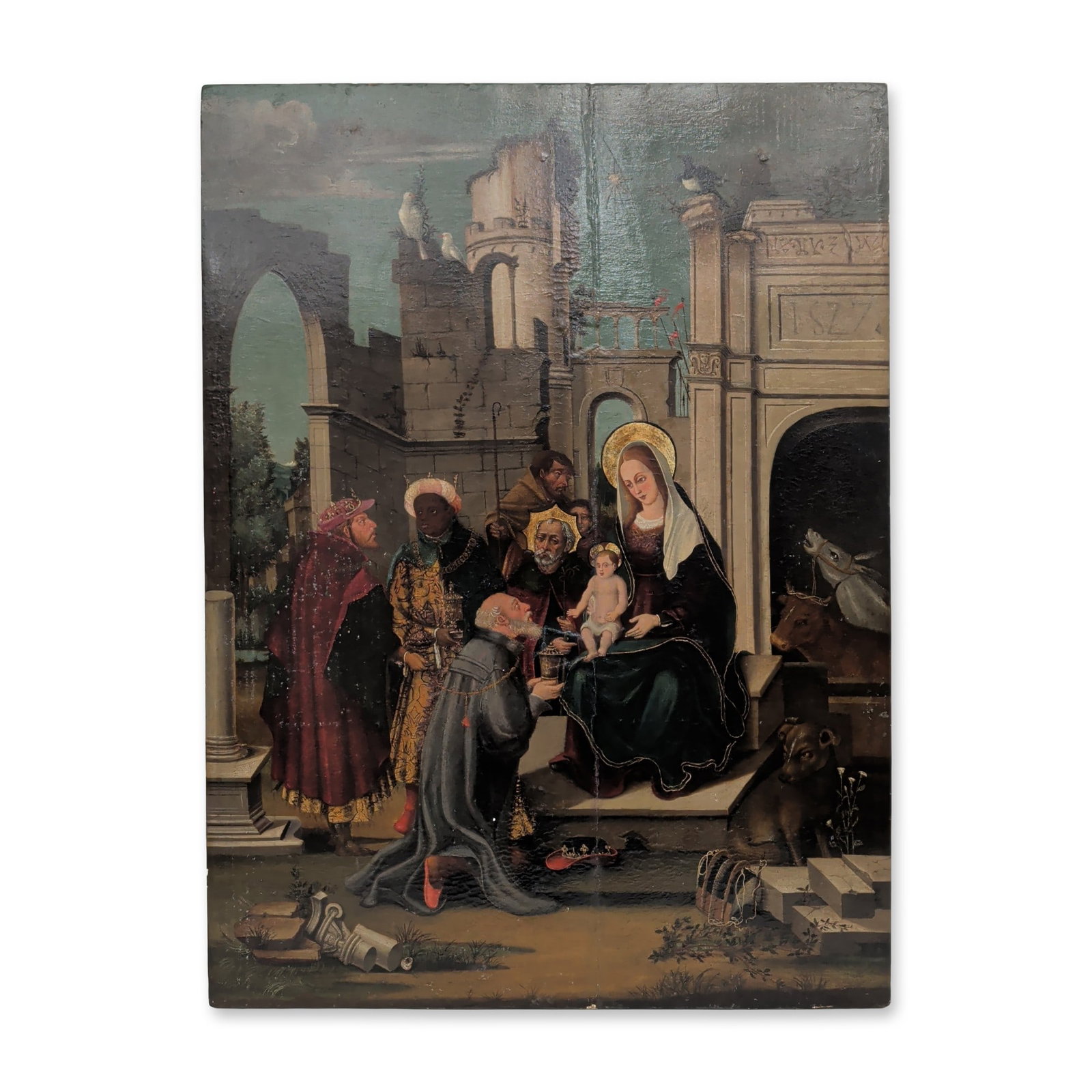Catalan School 16th Century Oil Painting on Wood Board The Adoration of the Magi: During the early Renaissance period in Catalonia, Gothic forms coexisted with new artistic solutions that combined religious devotion with detailed depictions of everyday life. Following the medieval 