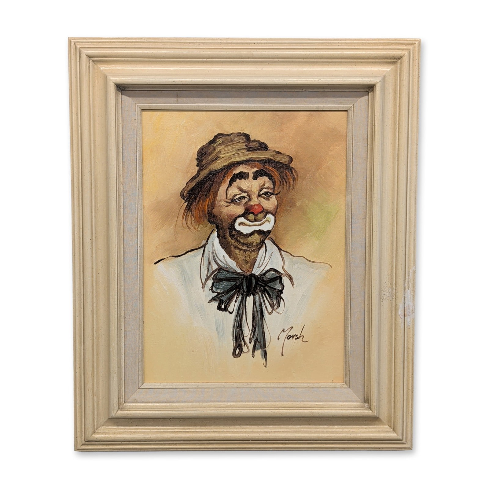 Marsh, Hobo Clown Oil on Canvas: Marsh, hobo clown character study in oil on canvas. The portrait depicts a melancholic clown with traditional white makeup, a red nose, and a dark beard rendered with thick impasto. The subject is