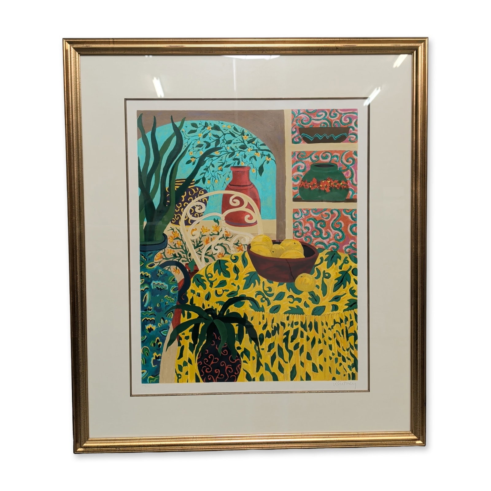 Jan Dorion Whitney (American b. 1955), Serigraph on Paper, The Veranda, Signed & Numbered: Jan Dorion Whitney (American b. 1955) The Veranda is a multi-color serigraph on paper featuring a stylized still life. The composition includes a bowl of lemons, a red ceramic vessel, and a decorative