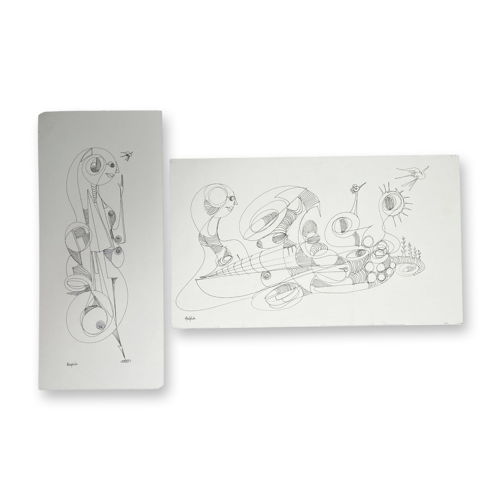 2pc Alfonso Rendon aka Masplata (Panamanian, 1957 - 2025), Pen Sketch on Board, Figuras: The Figuras are considered Custodians of this world which brings the message of hope. His Birds provide refuge and relieve anxiety. His signature Dove brings peace. This world requires the viewers tim