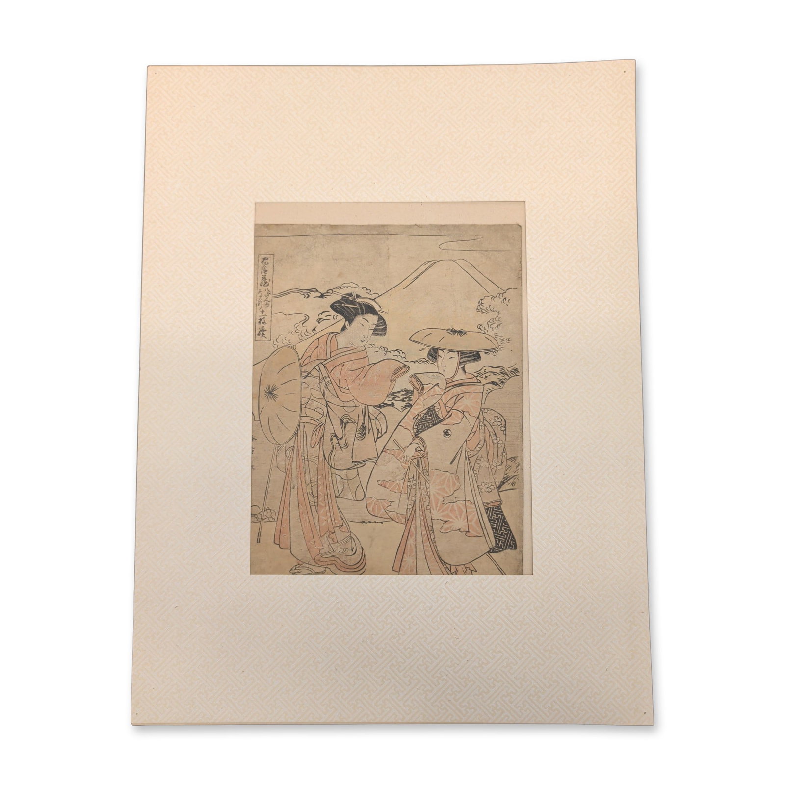 Katsukawa Shunsho (Japanese, 1726-1792), Woodcut on Paper, Michiyuki, Signed: An 18th-century Edo-period Japanese nishiki-e woodblock print on paper by Katsukawa Shunsho. The composition depicts a travel scene from Act VIII of the play Kanadehon Chushingura, featuring Lady Tona