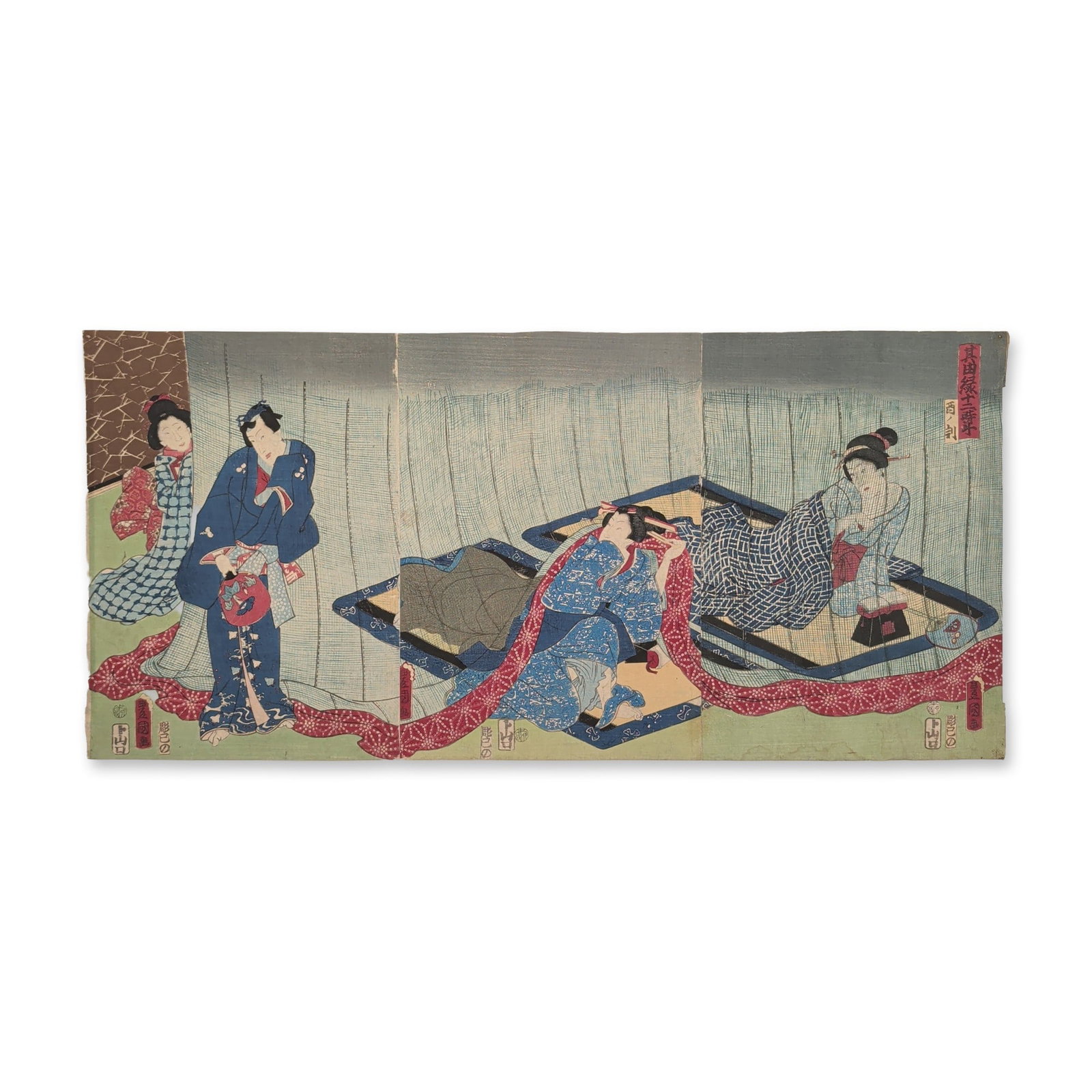 Utagawa Toyokuni III (Kunisada) (Japanese, 1786-1865), Woodcut on Paper Triptych, Sonoda Enishi Juni: Late Edo period Japanese woodblock print triptych by Utagawa Toyokuni III (Kunisada). From the series Twelve Signs of the Garden of Love, it features the sub-title Hour of the Bird. The composition de