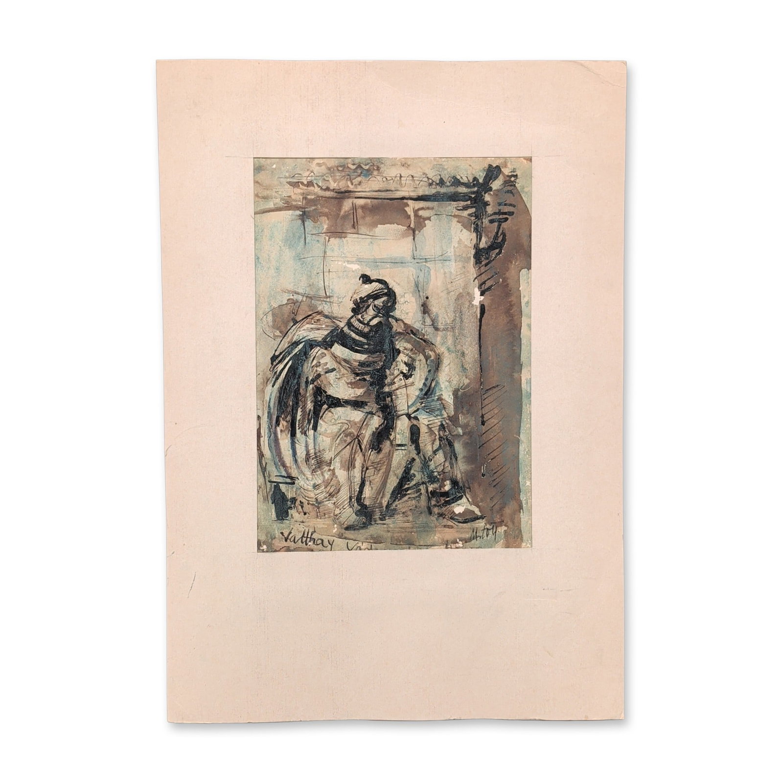 Istvan M. Toth (Hungarian, 1922-2006), Modernist Watercolor and Ink: Hungarian modernist work in watercolor and ink on heavy paper, featuring a dynamic, semi-abstract composition with expressive gestural ink lines and washes of blue and ochre. The piece is signed Vatth