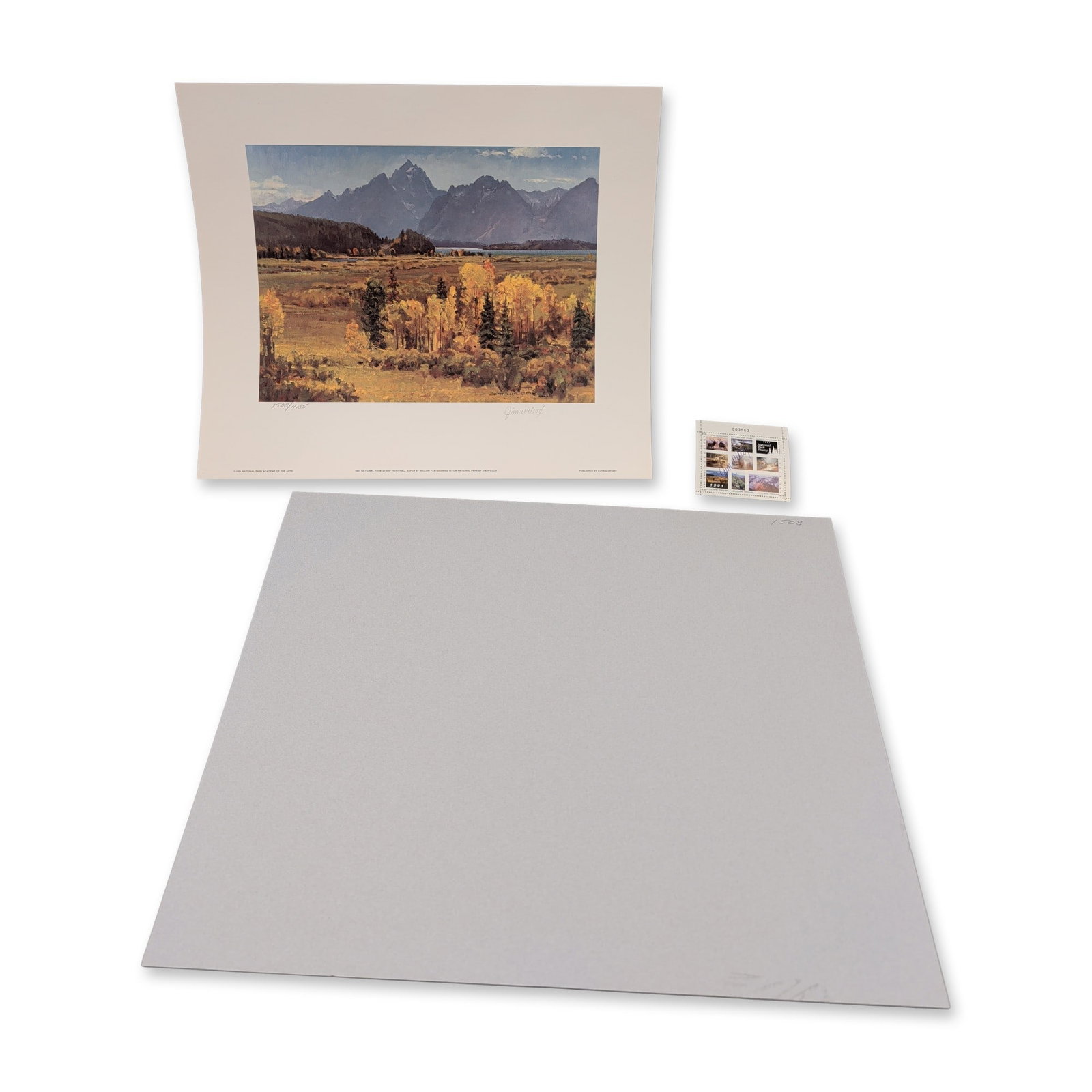 Jim Wilcox, "Fall Aspen at Willow Flats" Print and Stamps, Signed and Numbered: Jim Wilcox (American, 20th/21st century), "Fall Aspen at Willow Flats, Grand Teton National Park," 1991 National Park Stamp Print. Photomechanical print on paper, featuring a landscape of golden aspen