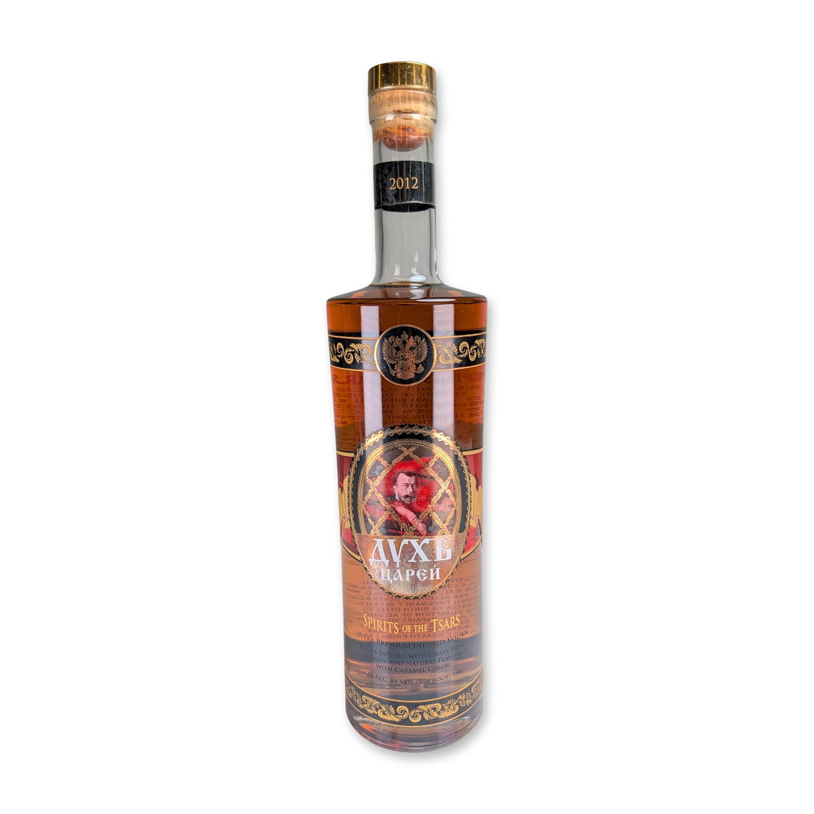 Spirits of the Tsars Ukraine Ultra Premium Infused Vodka 1.0L Bottle 2012: Spirits of the Tsars, Ukraine, infused vodka in a 1.0 liter glass bottle, 43% alcohol by volume (86 proof), bottled in 2012. The spirit is composed of vodka infused with grape wine, brandy, and natura