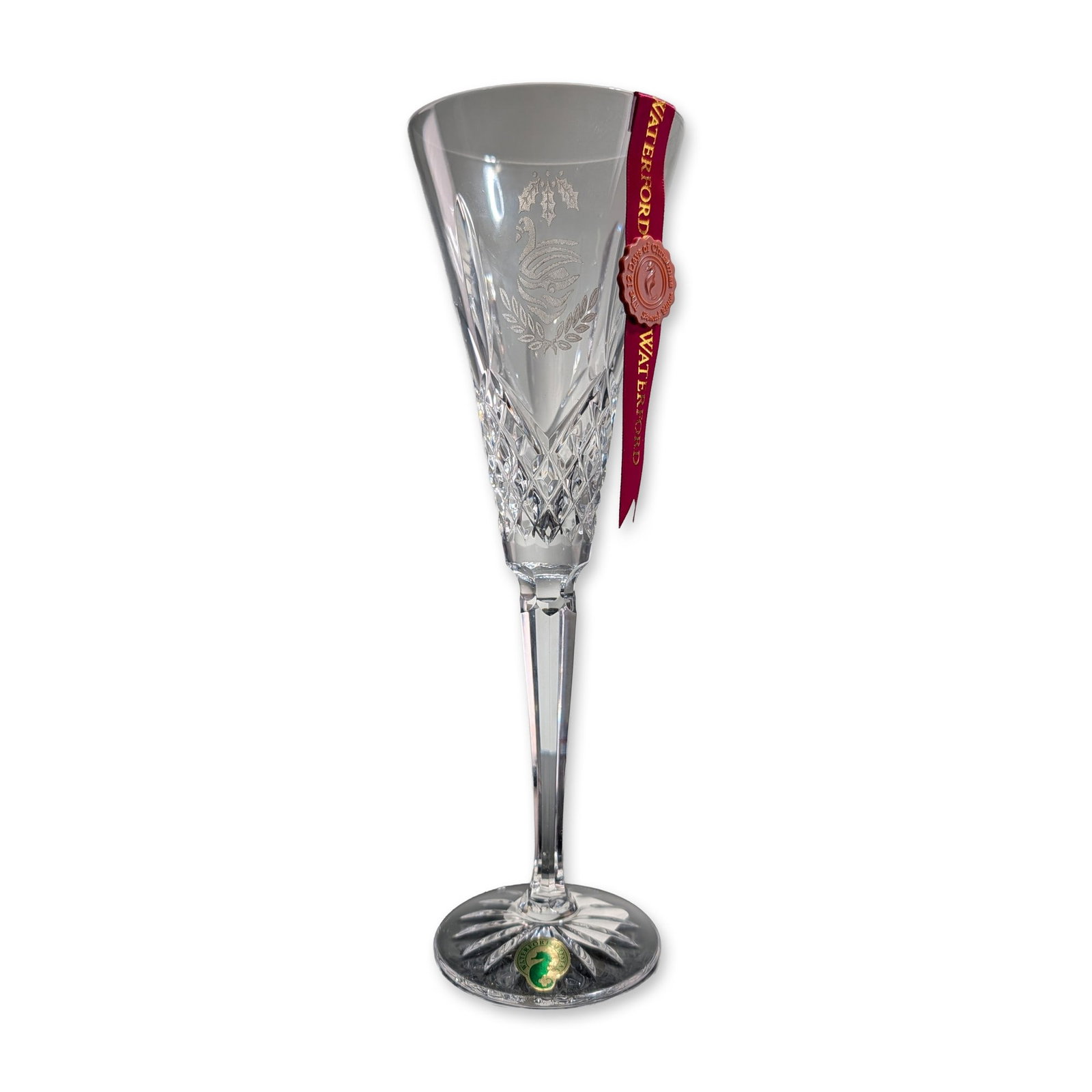 Waterford Crystal 12 Days of Christmas Fluted Champagne, Seven Swans A-Swimming: Waterford lead crystal champagne flute in the Seven Swans A-Swimming pattern, from The 12 Days of Christmas Collection, 7th Edition. The flute features a trumpet-shaped bowl acid-etched with a