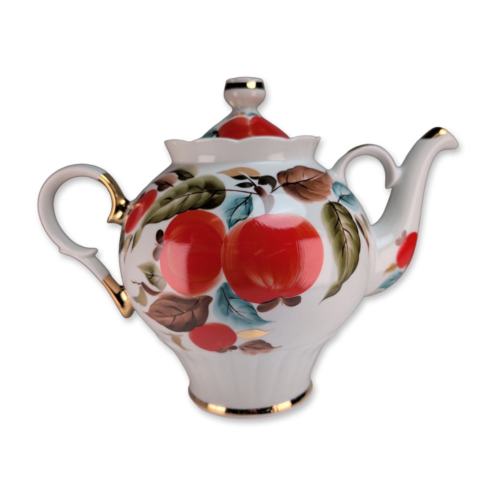 Krasnodar Russian Gilded Porcelain Paradise Apples Lidded Teapot: Krasnodar Russian porcelain teapot with matching lid, featuring hand-painted botanical decoration in the Paradise Apples pattern. The bulbous form includes a fluted lower body and ring foot, decorated