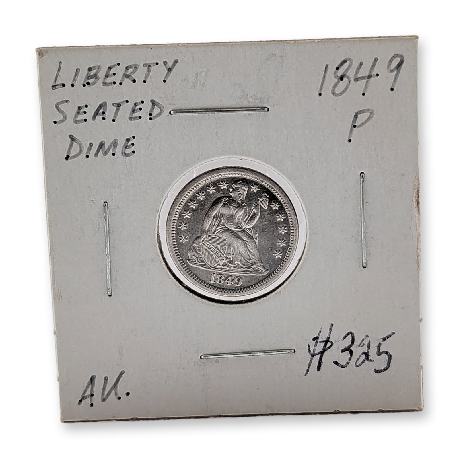 1849 U.S. Seated Liberty Silver Dime Coin: United States Philadelphia Mint, 1849. Seated Liberty dime in 90% silver, featuring Liberty seated on the obverse with stars, no arrows and a cereal wreath enclosing the denomination on the reverse. H