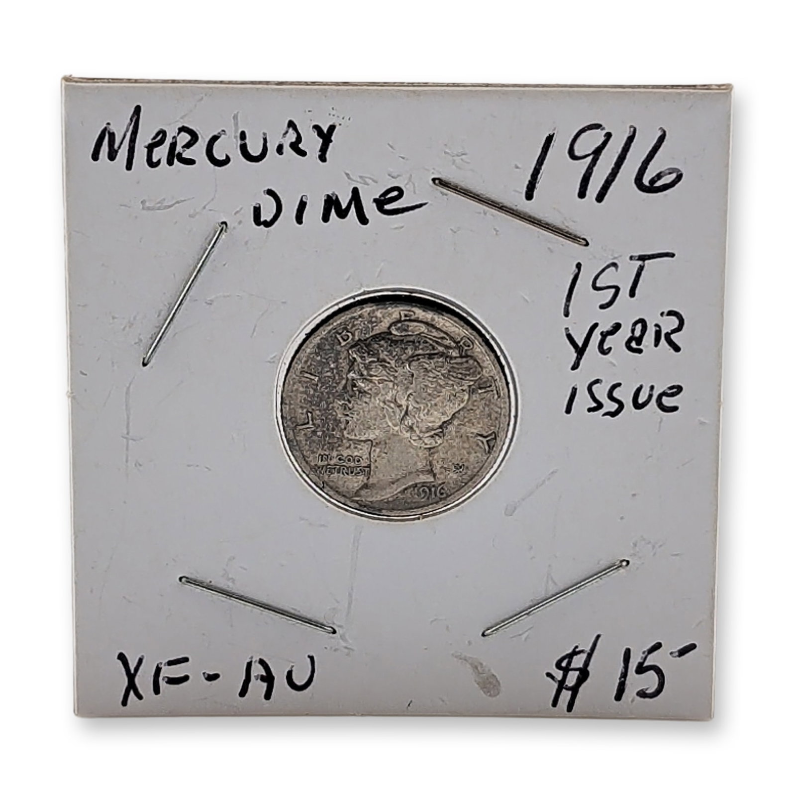 1916 US Mercury Silver Dime Coin: 1916 US Mercury dime, representing the first year of the series issue. Struck in 90% silver at the Philadelphia mint. Obverse features a Winged Liberty Head design with an incuse monogram AW visible u