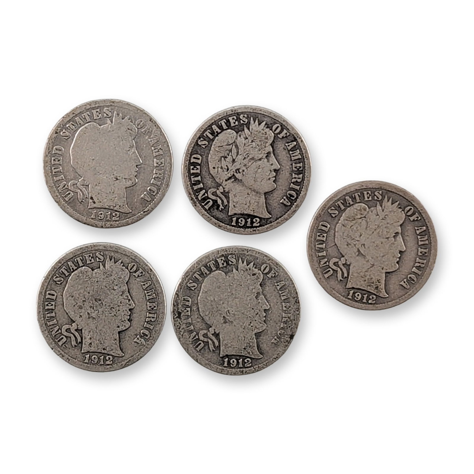 5pc 1912-S US Barber Silver Dime Coins: US 1912-S Barber dimes struck at the San Francisco Mint. Set of five coins composed of 90 percent silver and 10 percent copper. Obverse features the Liberty head design with peripheral inscriptions UN