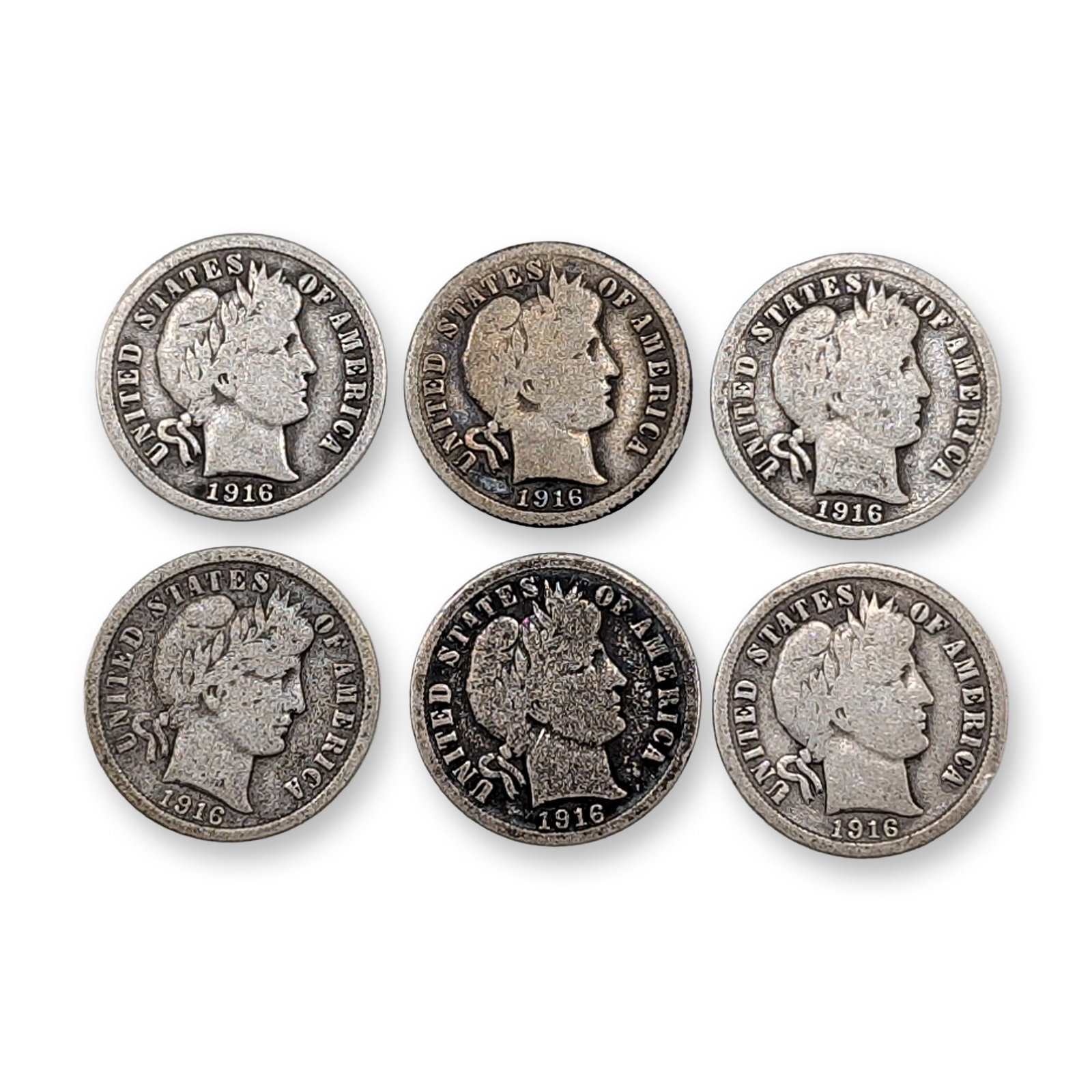 6pc 1916, 1916-S US Barber Silver Dime Coins: United States, 1916. Barber dimes struck in 90 percent silver. The design by Charles E. Barber features a right-facing head of Liberty on the obverse and a wreath of corn, wheat, maple, and oak on the