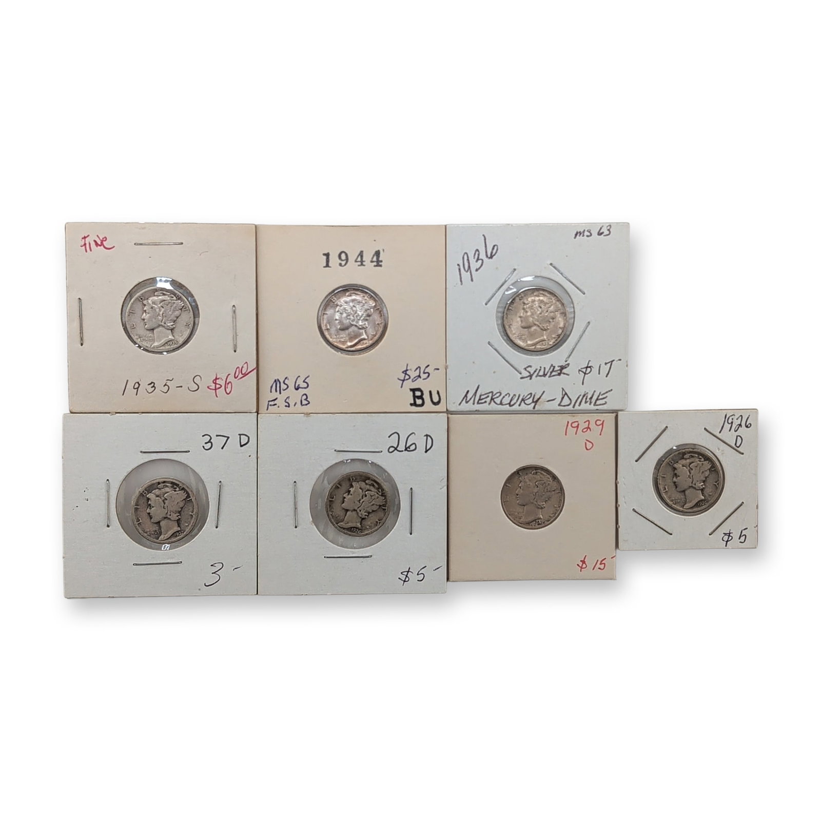 7pc 1926-D, 1929-D, 1935-S, 1936, 1937-D & 1944 US Mercury Silver Dime Coins (1 of 2)