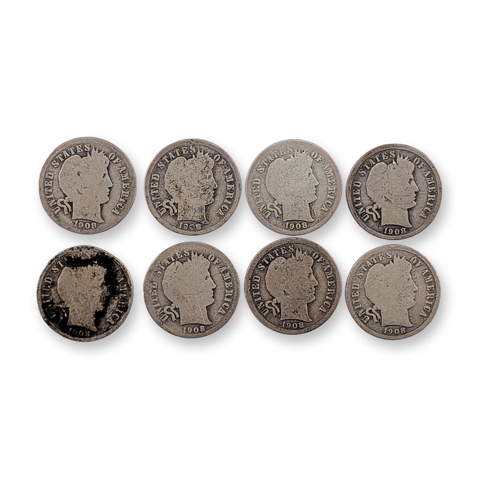 8pc 1908, 1908-D, 1908-O US Barber Silver Dime Coins: Collection of US silver Barber dimes struck in 1908 at the Denver, Philadelphia and New Orleans Mint. Struck in 90% silver and 10% copper, each coin features the Liberty head design with an impressed 