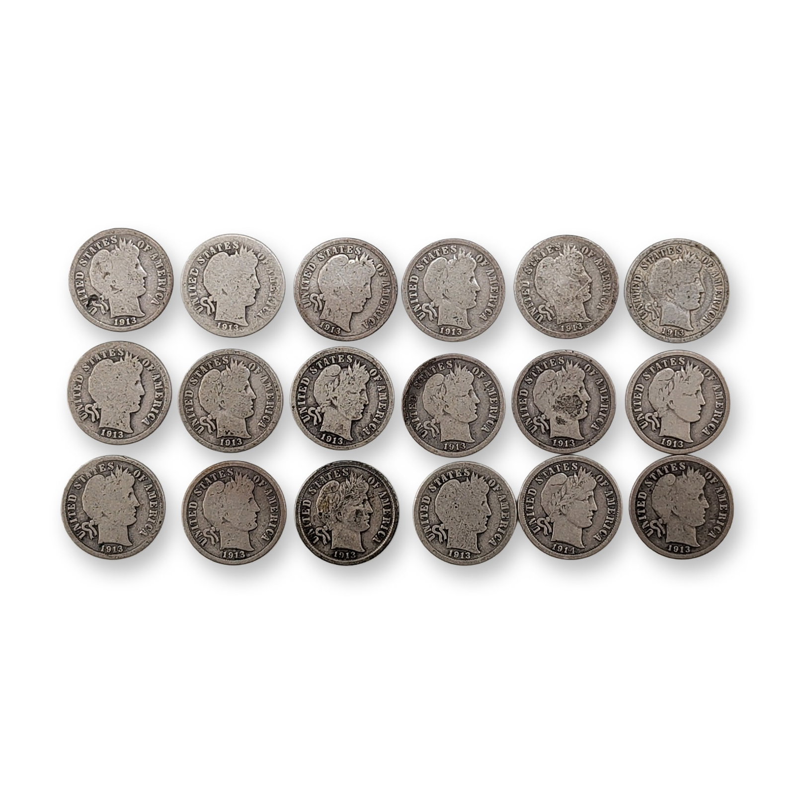 18pc 1913 & 1914 US Barber Silver Dime Coins: US, early 20th century. Group of eighteen Barber dimes in 90 percent silver, struck in 1913 and 1914. The group consists of seventeen coins dated 1913 and one coin dated 1914. Each lacks a mint mark, 