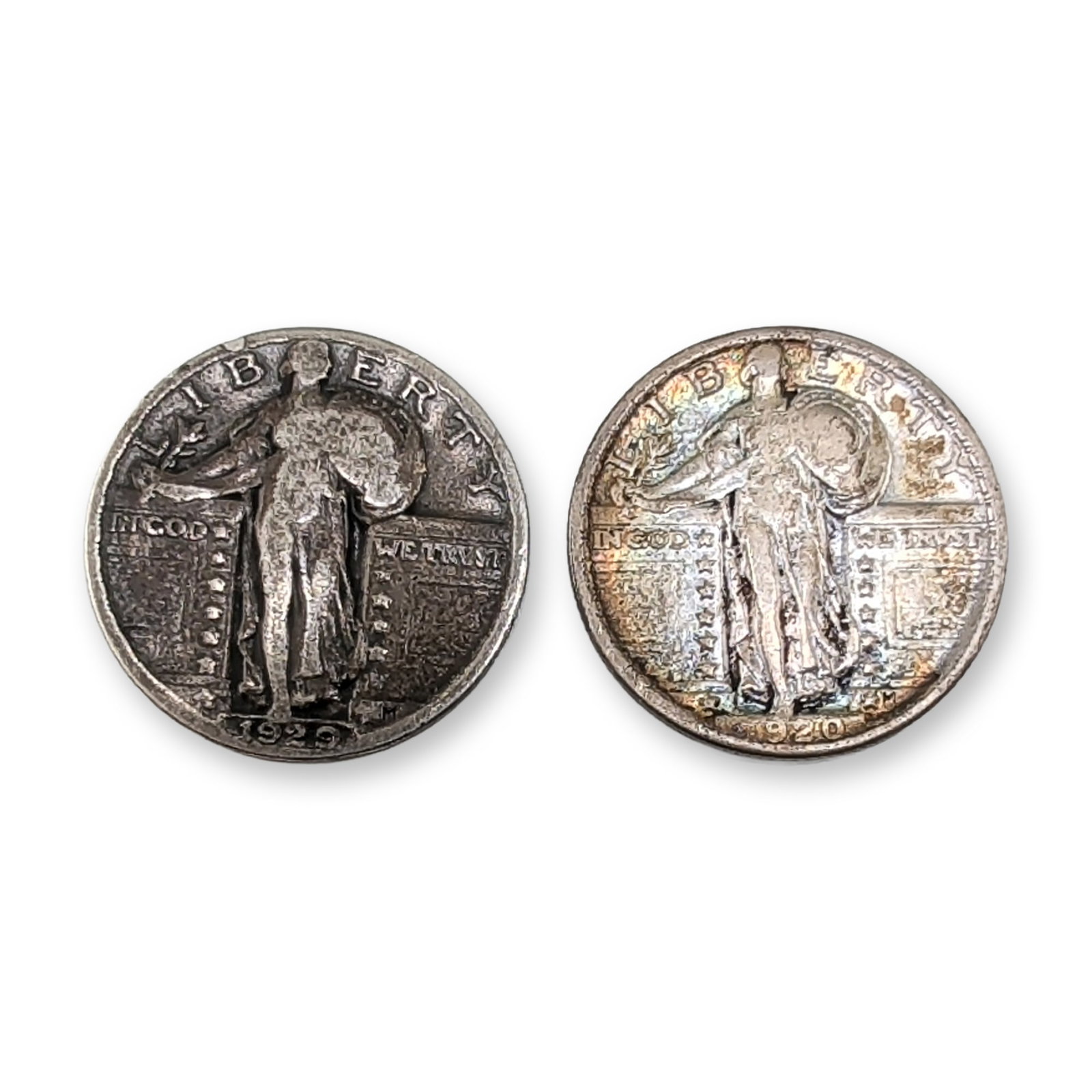 2pc 1920-S, 1929-S US Standing Liberty Silver Quarter Coins: US Standing Liberty silver quarters, 90% silver composition. The pair consists of two specimens struck at the San Francisco Mint. The first coin is dated 1929 with a small, impressed S mint mark locat