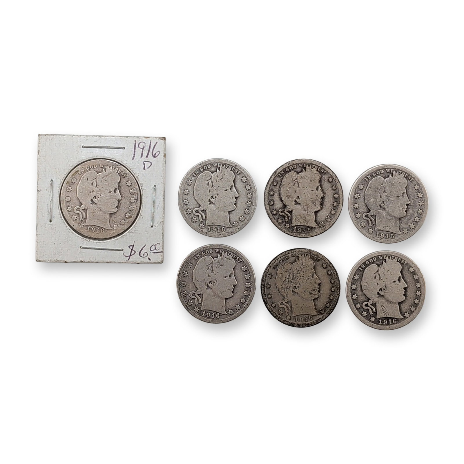 7pc 1915, 1915-D, 1916, 1916-D US Barber Silver Quarter Coins: US 90% silver Barber Quarter Dollars, minted between 1915 and 1916. The group consists of one 1916-D specimen housed in a white cardboard holder and six loose examples, including five dated 1916 and o