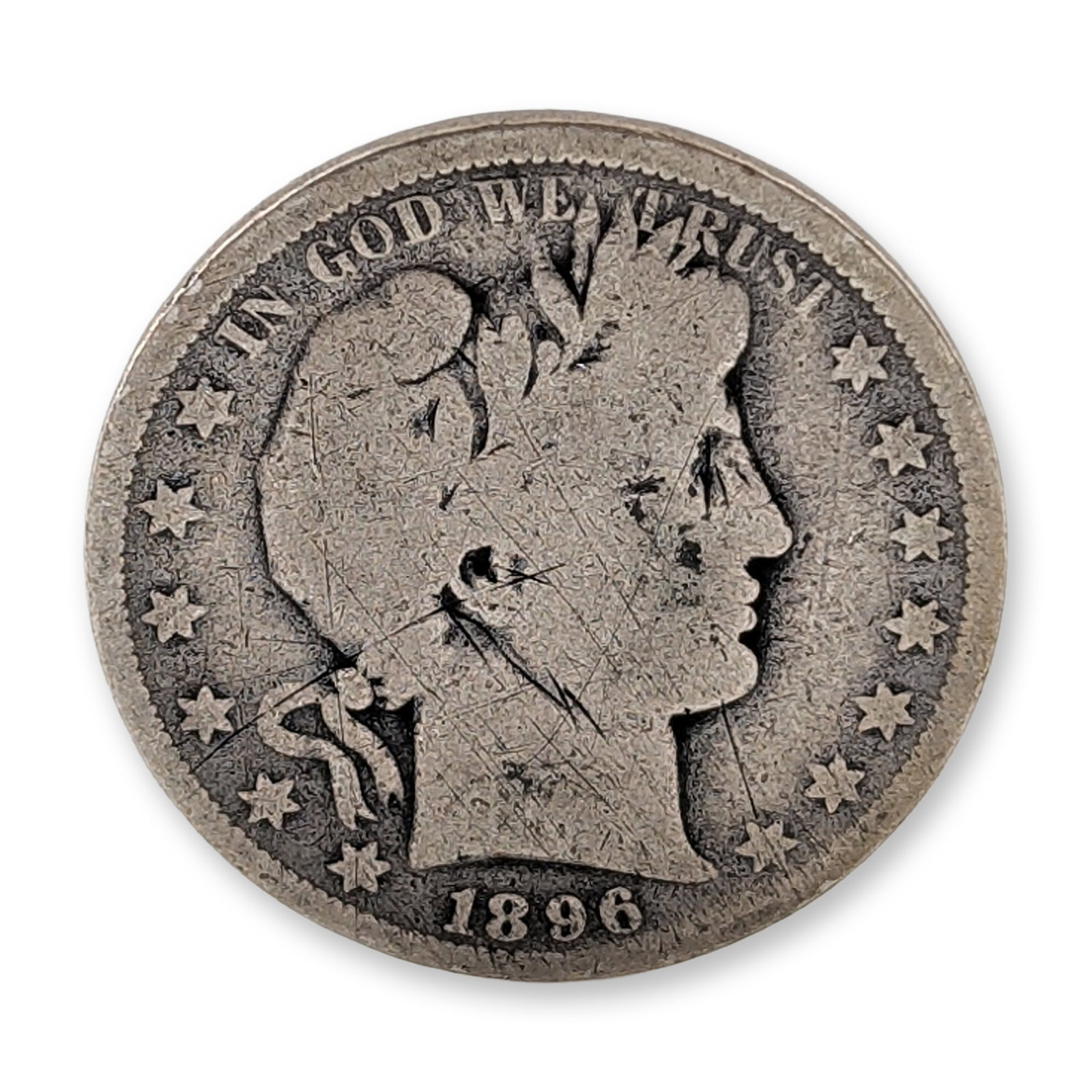 1896-O US Barber Silver Half Dollar Coin- RARE: US 1896-O Barber half dollar, composed of 90 percent silver and 10 percent copper. The obverse features the Barber design with the date 1896. The reverse displays a heraldic eagle and bears a small, i