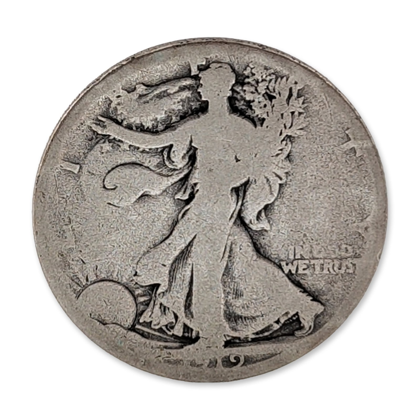 1919-D US Walking Liberty Silver Half Dollar Coin: US 1919-D Walking Liberty Half Dollar in 90% silver. The obverse is inscribed LIBERTY and IN GOD WE TRUST, with the date 1919 at the base. The reverse is inscribed UNITED STATES OF AMERICA and HALF DO