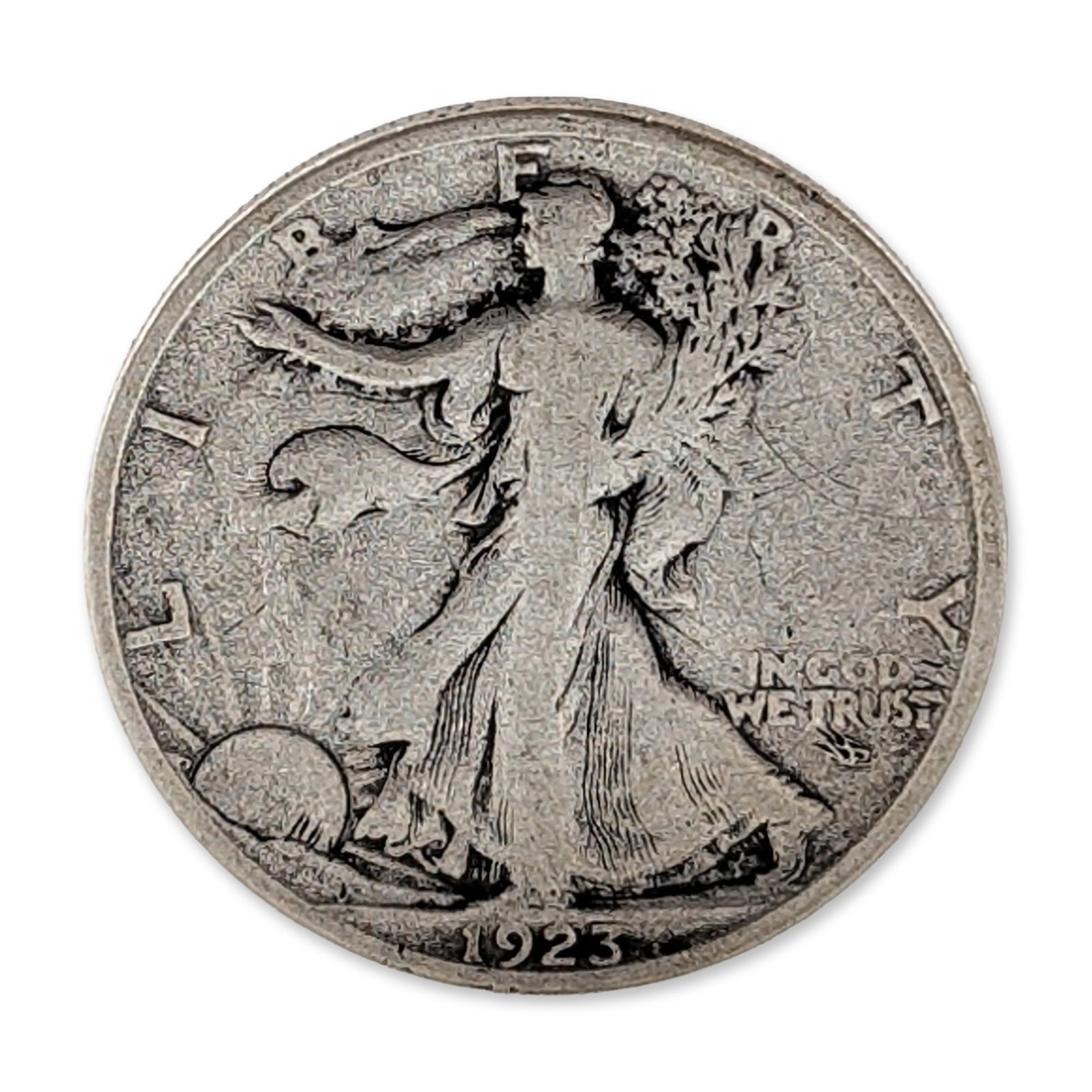 1923-S US Walking Liberty Silver Half Dollar Coin: US Walking Liberty half dollar dated 1923, struck in 90% silver at the San Francisco Mint. Obverse bears the year 1923 and motto IN GOD WE TRUST. Reverse features a raised S mint mark at the lower-lef