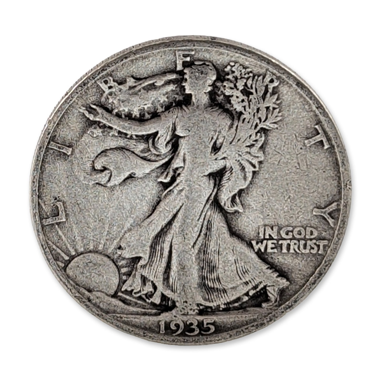 1935-D US Walking Liberty Silver Half Dollar Coin: 1935-D US Walking Liberty half dollar composed of 90% silver, minted at the Denver Mint. The obverse features the Walking Liberty design with the date 1935 at the base, the legend LIBERTY around the u