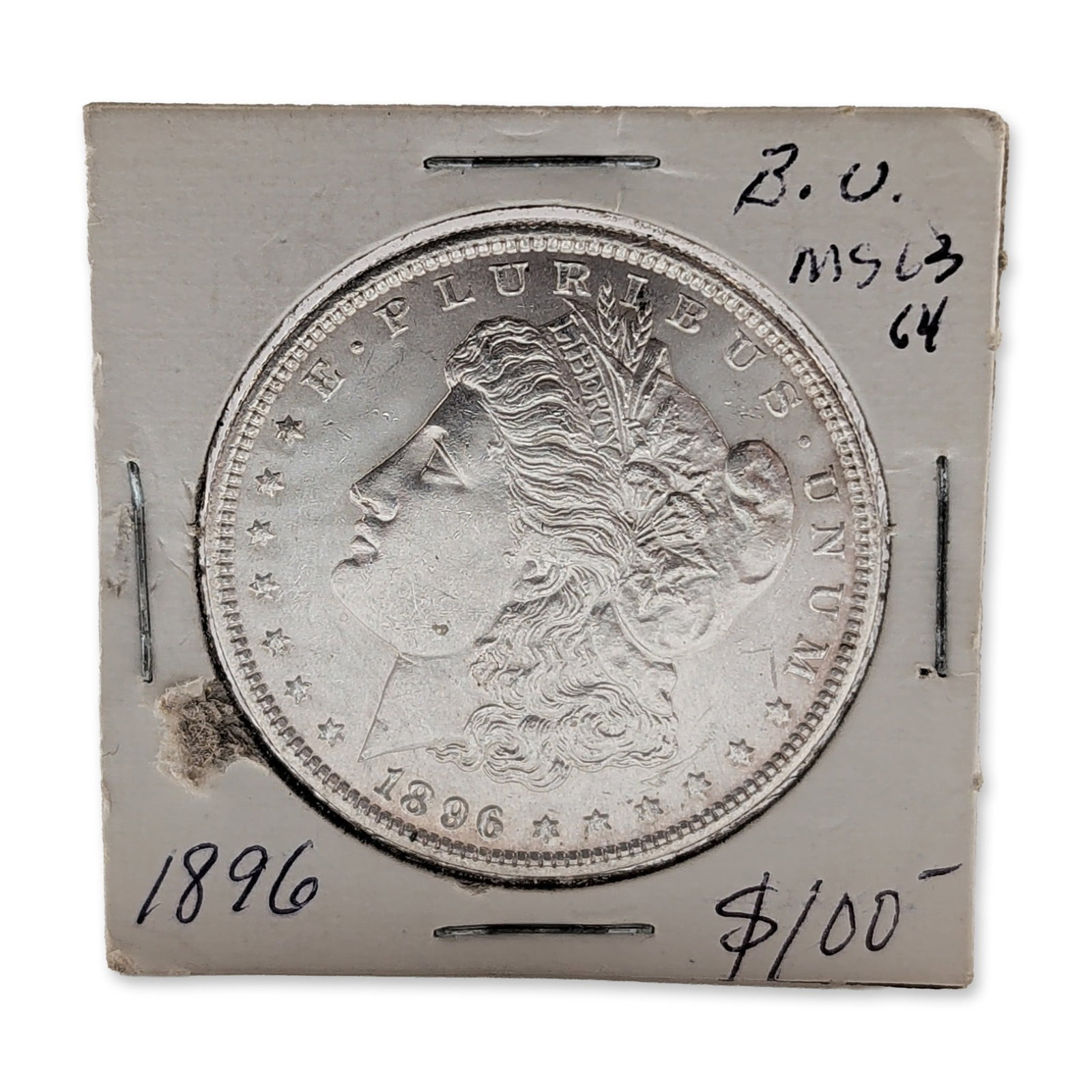 1896 US Morgan Silver Dollar Coin: US 1896 Morgan silver dollar, Philadelphia Mint, struck in 90% silver and 10% copper. The coin features original mint luster and sharp design details. Obverse featuring Liberty Head facing left with r