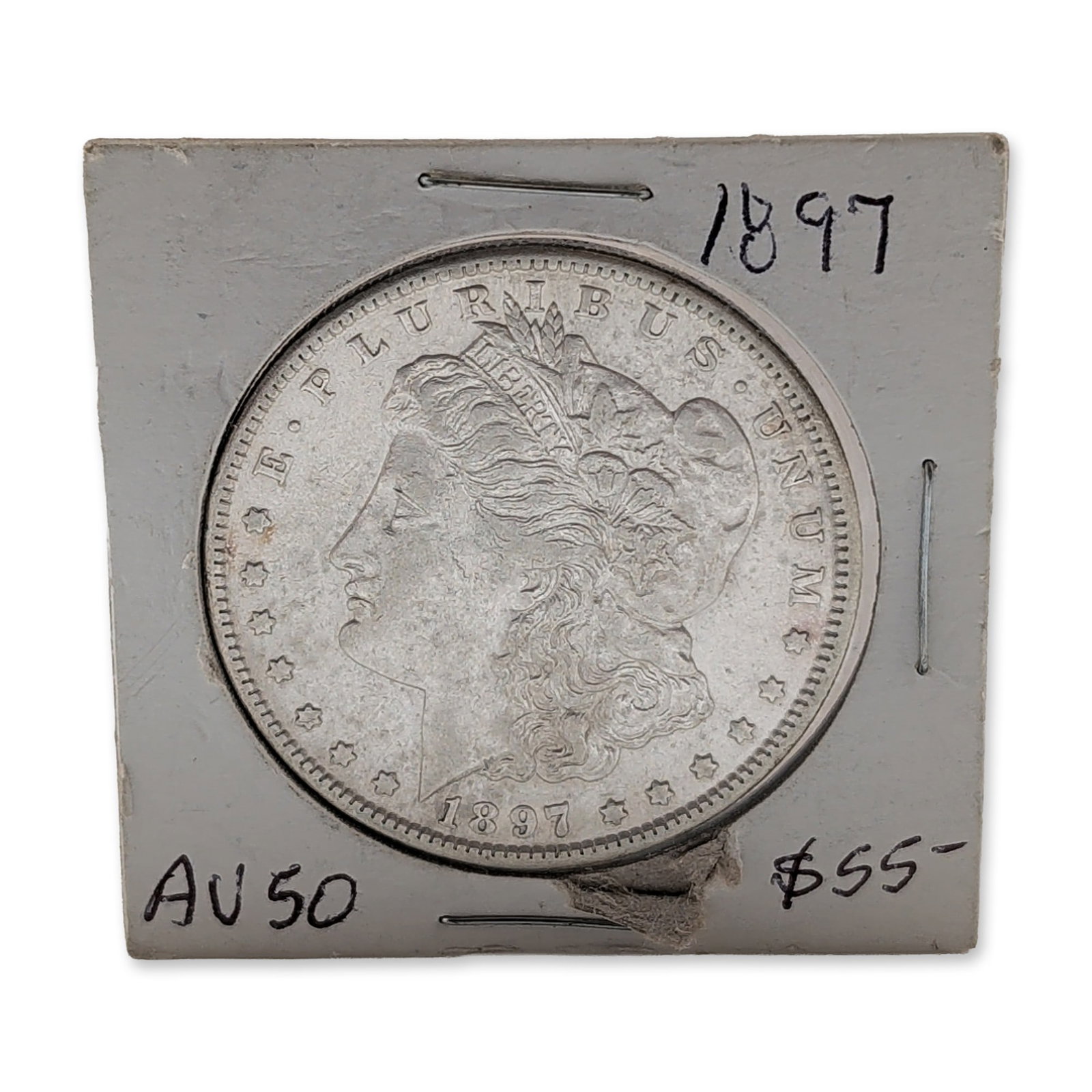 1897-S US Morgan Silver Dollar Coin: US 1897 Morgan silver dollar coin from the San Francisco mint issue, struck in 90% silver. The obverse features the left-facing profile of Lady Liberty with the motto E PLURIBUS UNUM and the date 1897