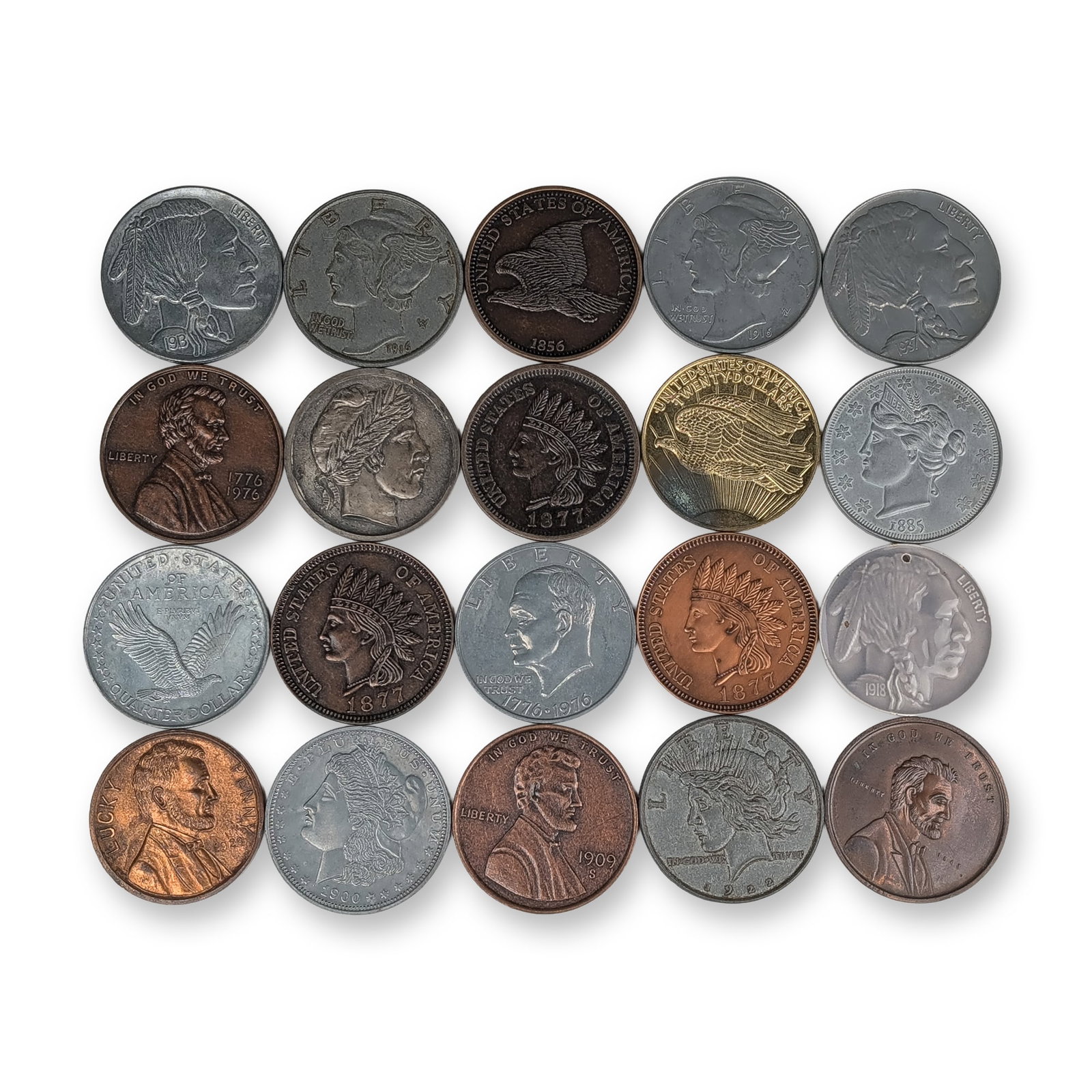 20pc US Coin Design Oversized Souvenir Tokens: Collection of oversized base metal souvenir tokens and replicas modeled after historic US coinage. Features include various metallic finishes in copper, silver, and gold tones. The group replicates ob