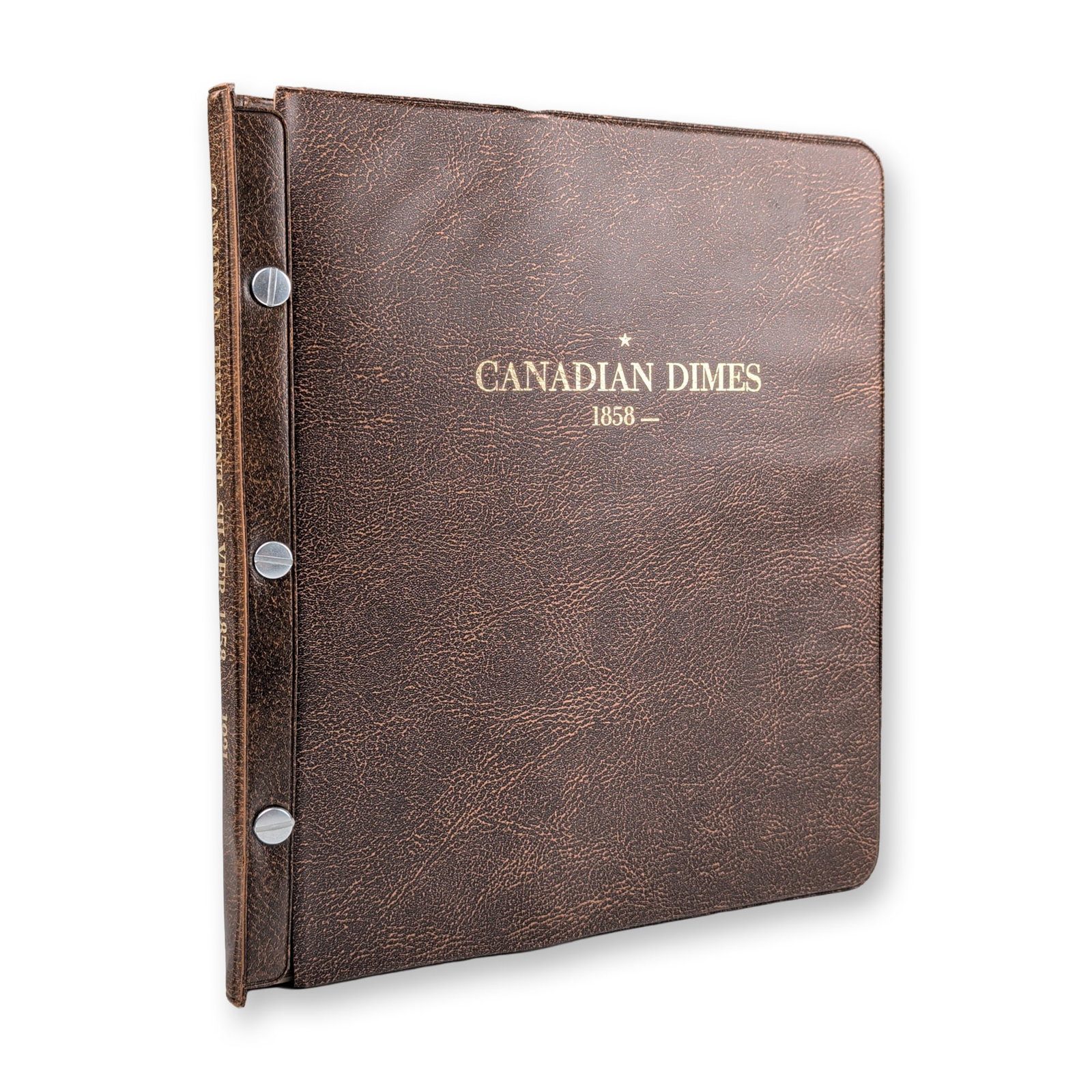 1858 - 1920 46pc Canadian Five-Cent Silver Coin Collection: Canadian, 1858-1921. Collection of silver five-cent coins, often termed fish scales, housed in a vintage brown textured Coinmaster album. The collection features obverse portraits of Queen Victoria, K