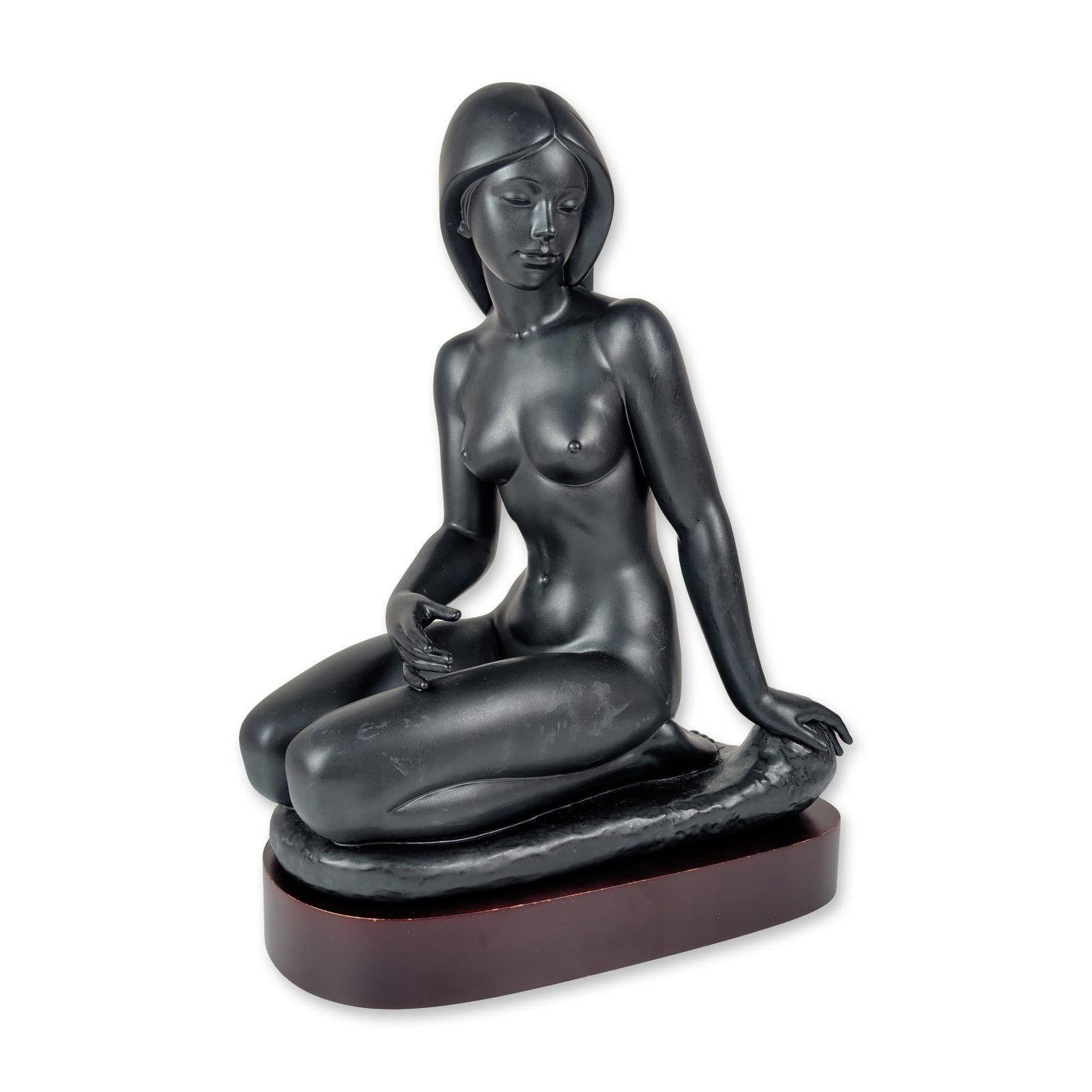 Lladro Matte Porcelain Sculpture, Nude Kneeling 01013030: Artist Francisco Catala, and limited edition 39 of 300. A large-format porcelain sculpture in a matte black finish. The work depicts a stylized kneeling female figure. The underside bears the Lladro b
