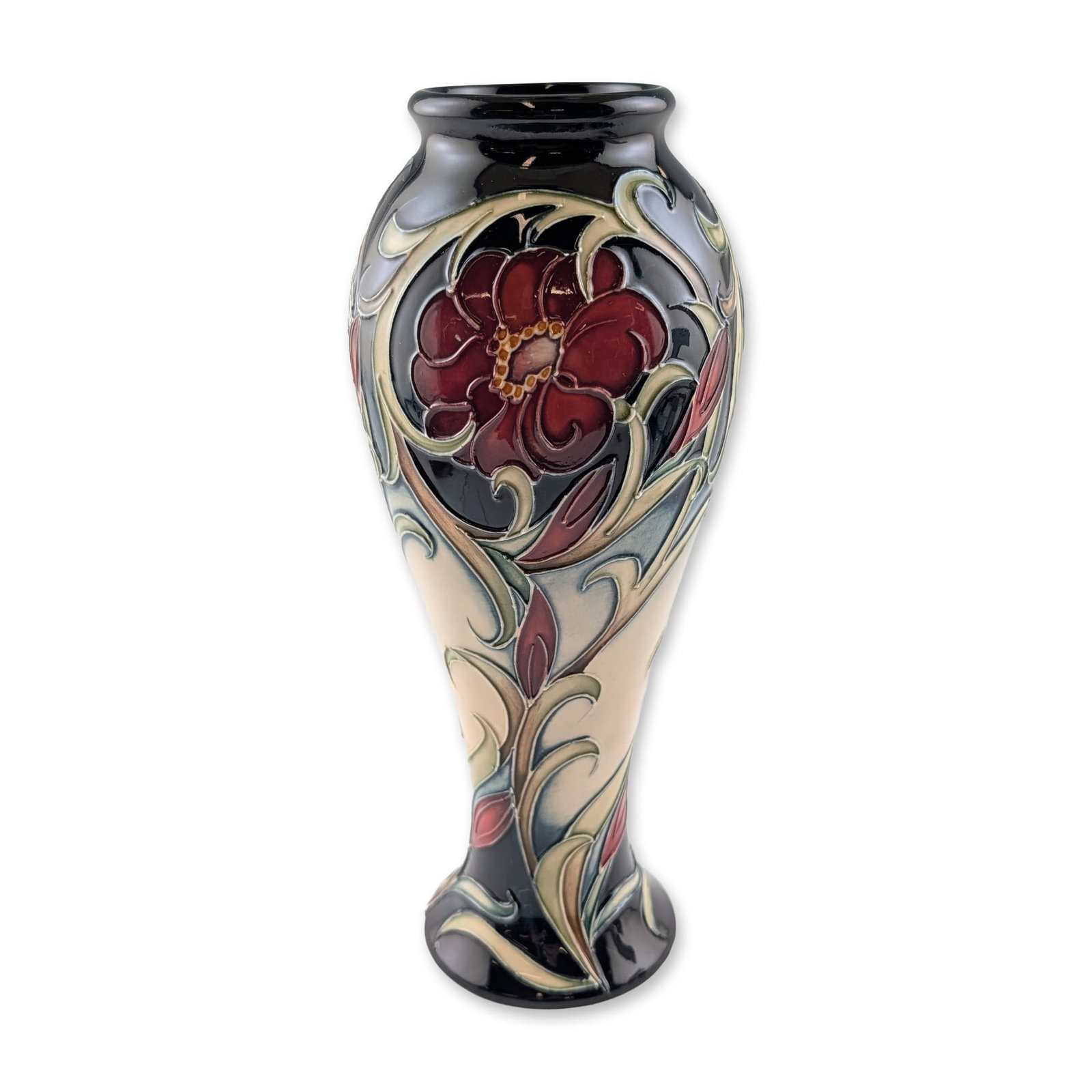 Moorcroft Fallow Field Pattern Pottery Vase: Modern Moorcroft pottery vase in the Fallow Field pattern, designed by Rachel Bishop. The tapered vessel features tube-lined floral decoration with large red blooms and swirling green and cream foliat