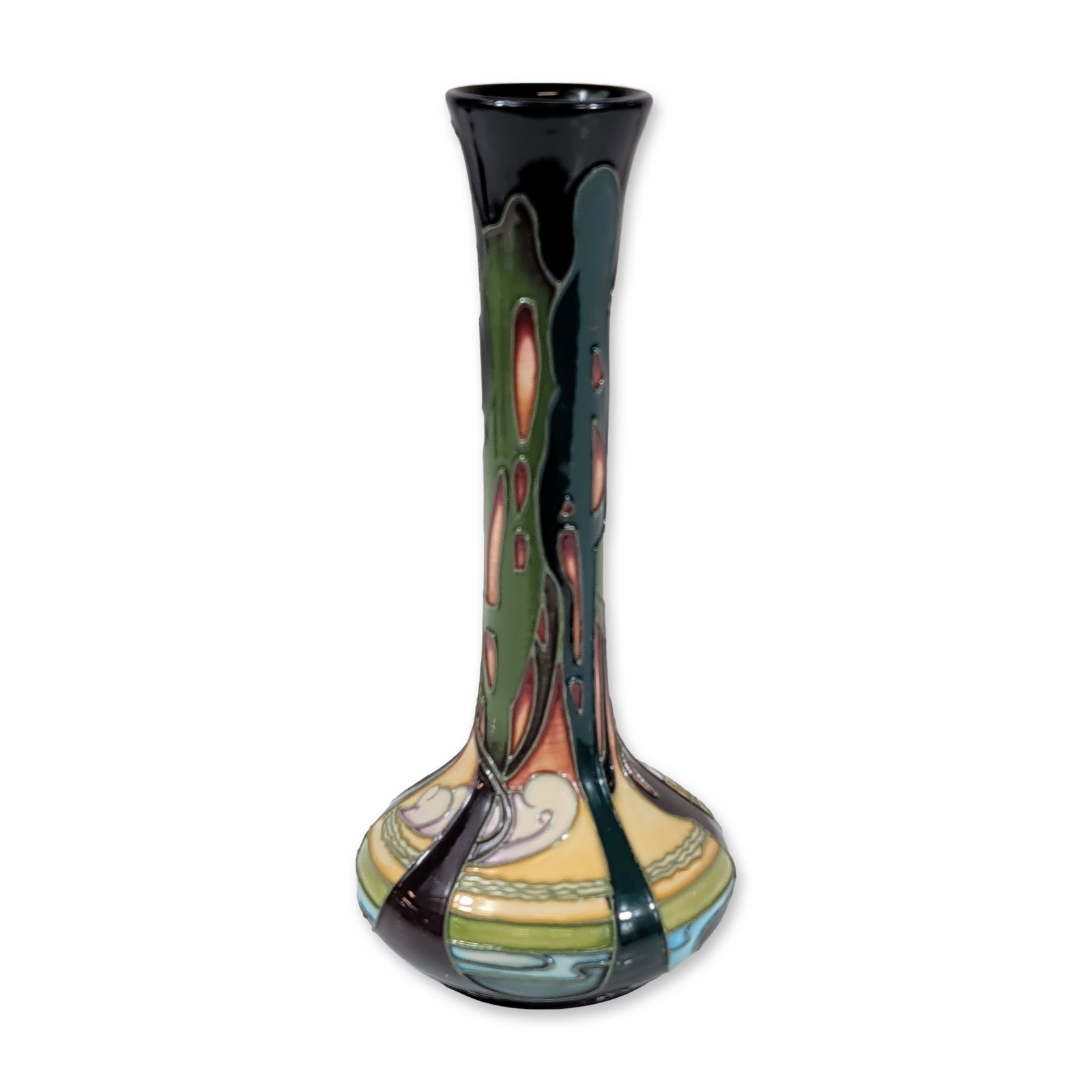 Moorcroft New Dawn Pottery Vase: Moorcroft Pottery "New Dawn" pattern earthenware vase designed by Emma Bossons, dated 2006. The vessel features tube-lined stylized landscape decoration in a palette of forest green, teal, ochre, and 