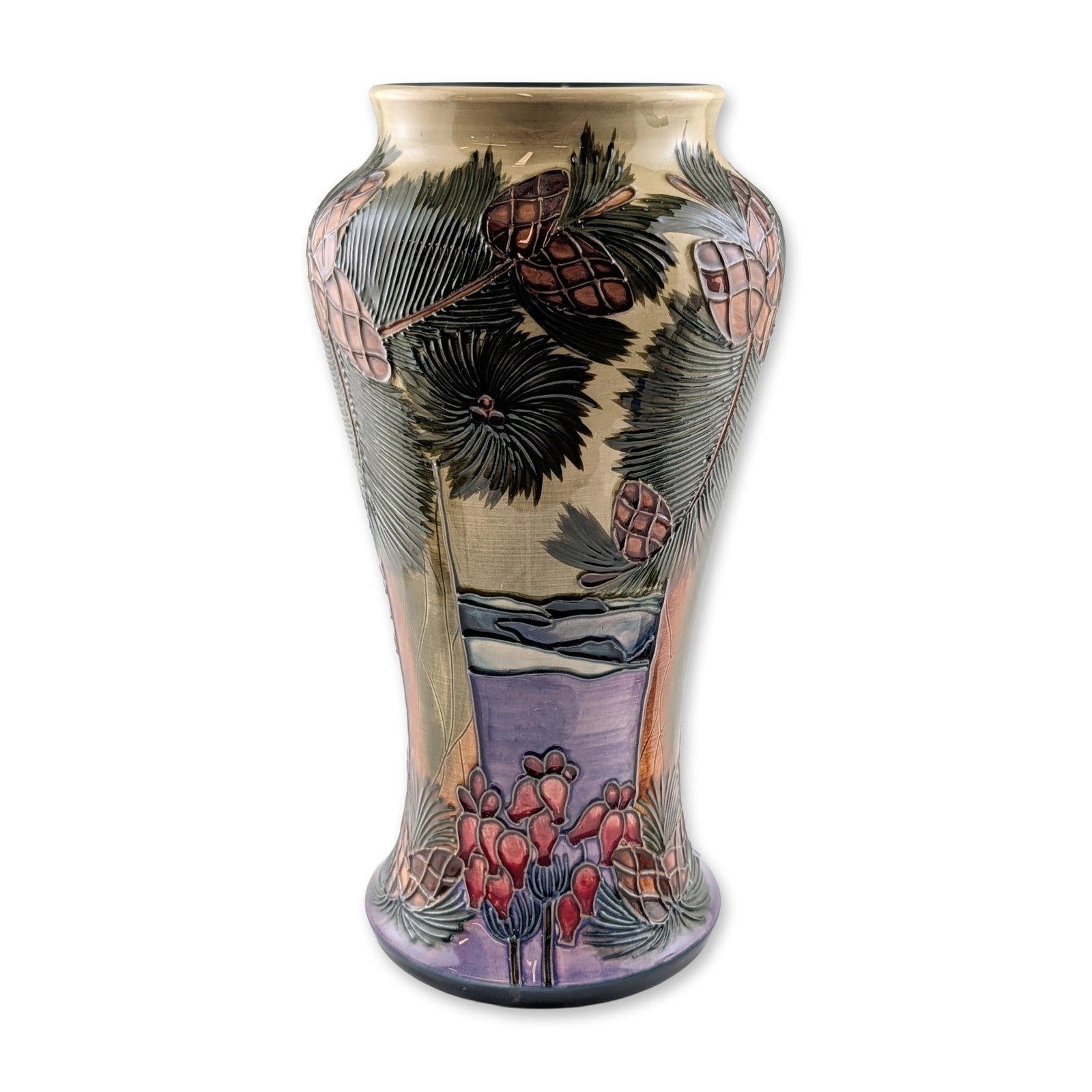 Moorcroft Rachel Bishop Furzey Hill Earthenware Vase: Moorcroft earthenware baluster-form vase in the Furzey Hill pattern from The New Forest series, designed by Rachel Bishop. The tube-lined landscape decoration features stylized pine trees, needles, an
