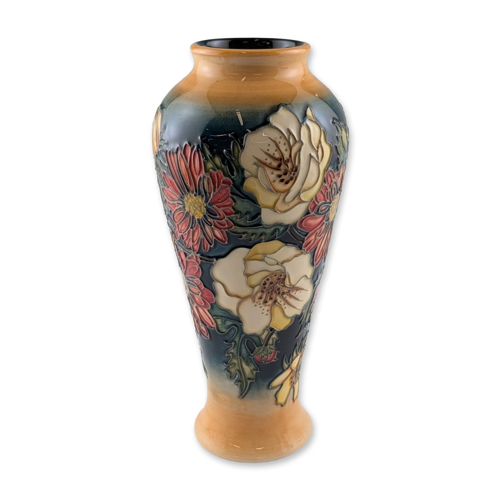 Moorcroft Victoriana Emma Bossons Earthenware Vase: British Moorcroft Collectors Club (M.C.C.) earthenware vase in the Victoriana pattern, designed by Emma Bossons. The tapered baluster-form vessel features hand-applied tube-lined floral decoration of 