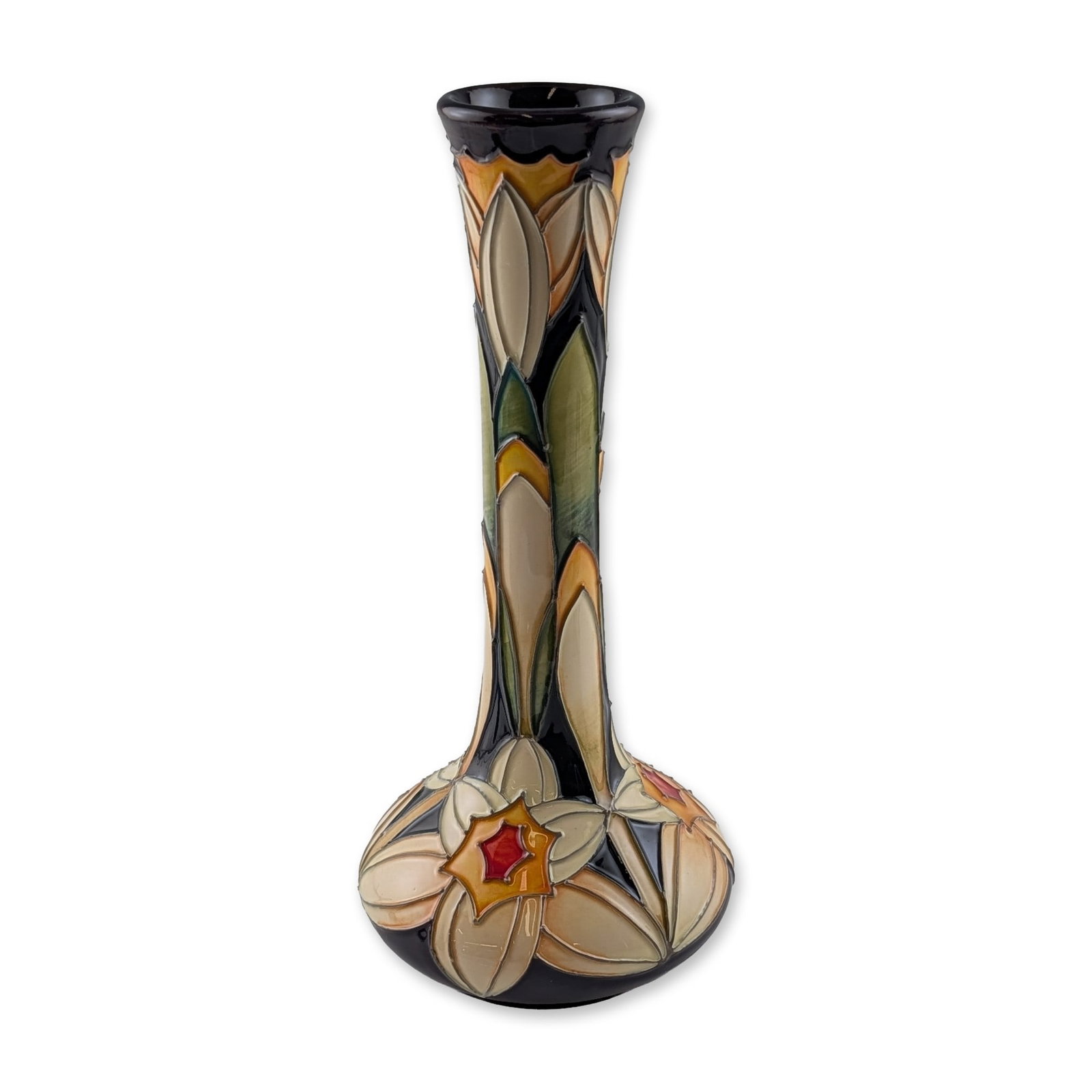Moorcroft Emma Bossons Water Goddess Vase, Signed Limited Edition: Moorcroft contemporary art pottery vase in the Water Goddess pattern, designed by Emma Bossons. The ceramic piece features a tall, slender neck flaring at the rim and a bulbous, rounded base. Decorati