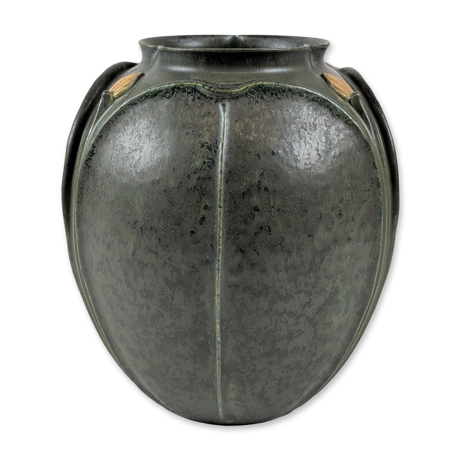 Rare Ephraim Faience Pottery "Serendipity" Arts & Crafts Ceramic Vase: This contemporary Arts and Crafts studio pottery vase was produced by Ephraim Faience Pottery in Lake Mills, Wisconsin. Designed and potted by Tanner Howe, this Serendipity pattern piece features a sq