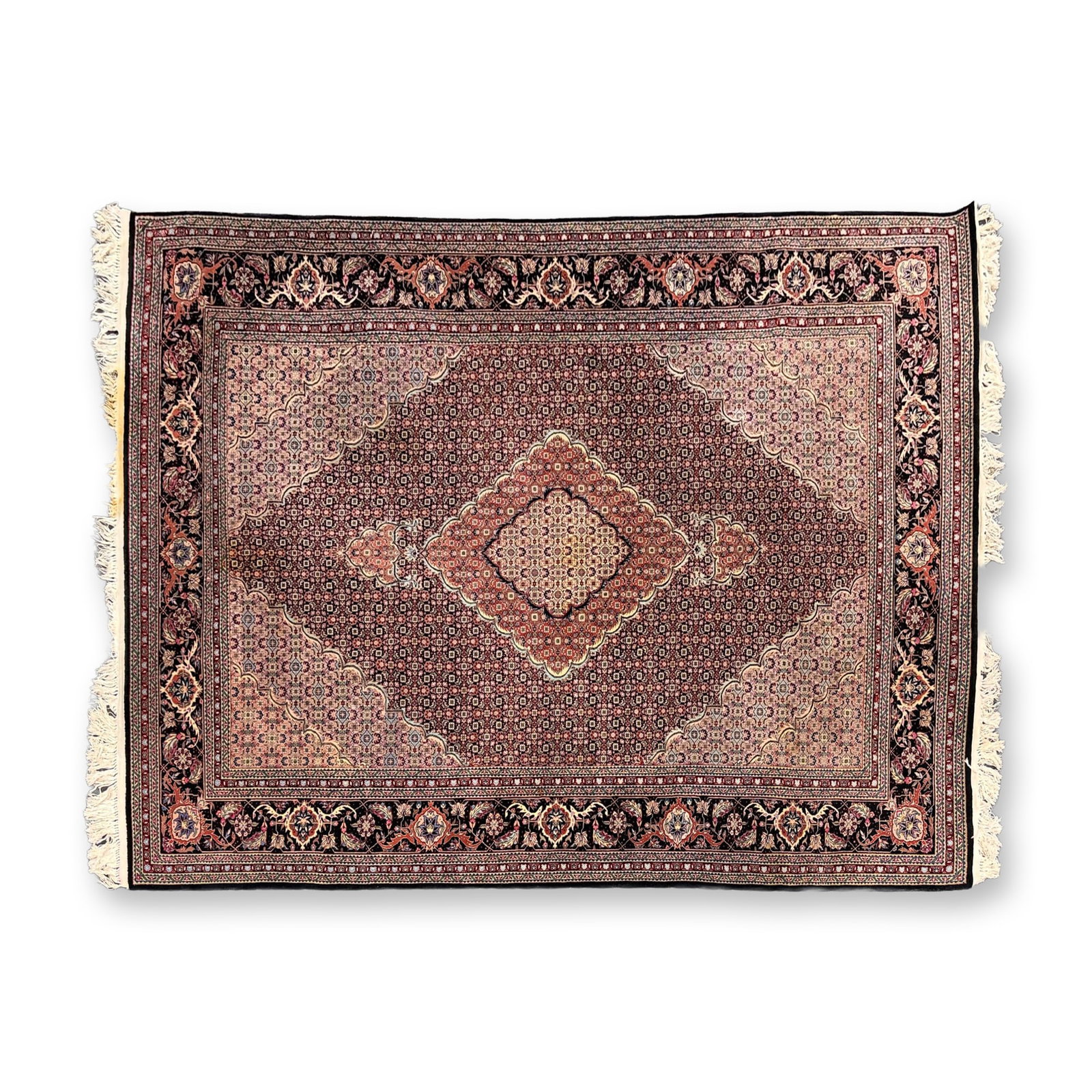 Large Fringed Persian Tabriz Mahi Hand Knotted Wool Rug: A large hand-knotted Persian wool rug from the Tabriz region, featuring a traditional Mahi or Herati pattern. The design is characterized by a central multi-lobed diamond medallion with a cream-colore