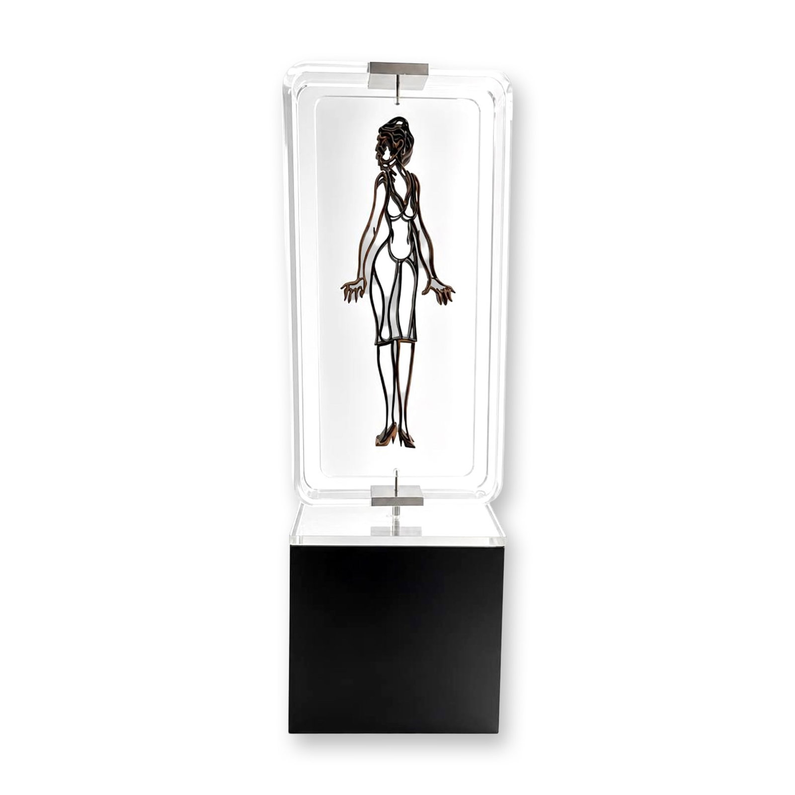 E. Massin Kinetic Silhouette Wood, Metal, and Acrylic Sculpture on Pedestal: A contemporary kinetic silhouette sculpture by artist E. Massin. The work features a stylized standing female figure constructed from layered sections of dark and reddish-brown stained wood and dark m