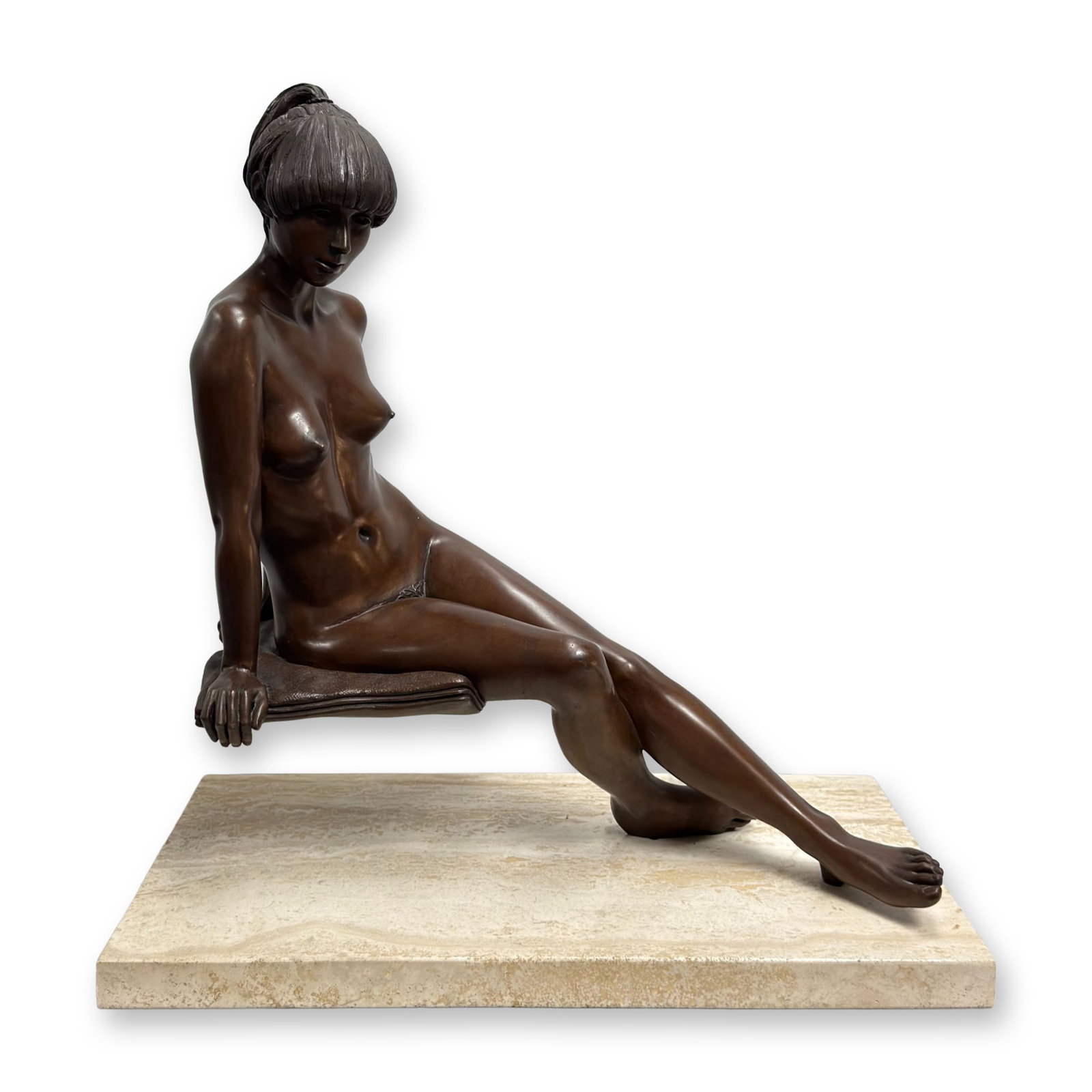 Isidore Margulies Joan I Bronze Sculpture: This contemporary figurative bronze sculpture is the work of Isidore Margulies (Austrian/American, 1921-2008) and is titled Joan I. Executed in a realist style, the sculpture depicts a seated nude fem