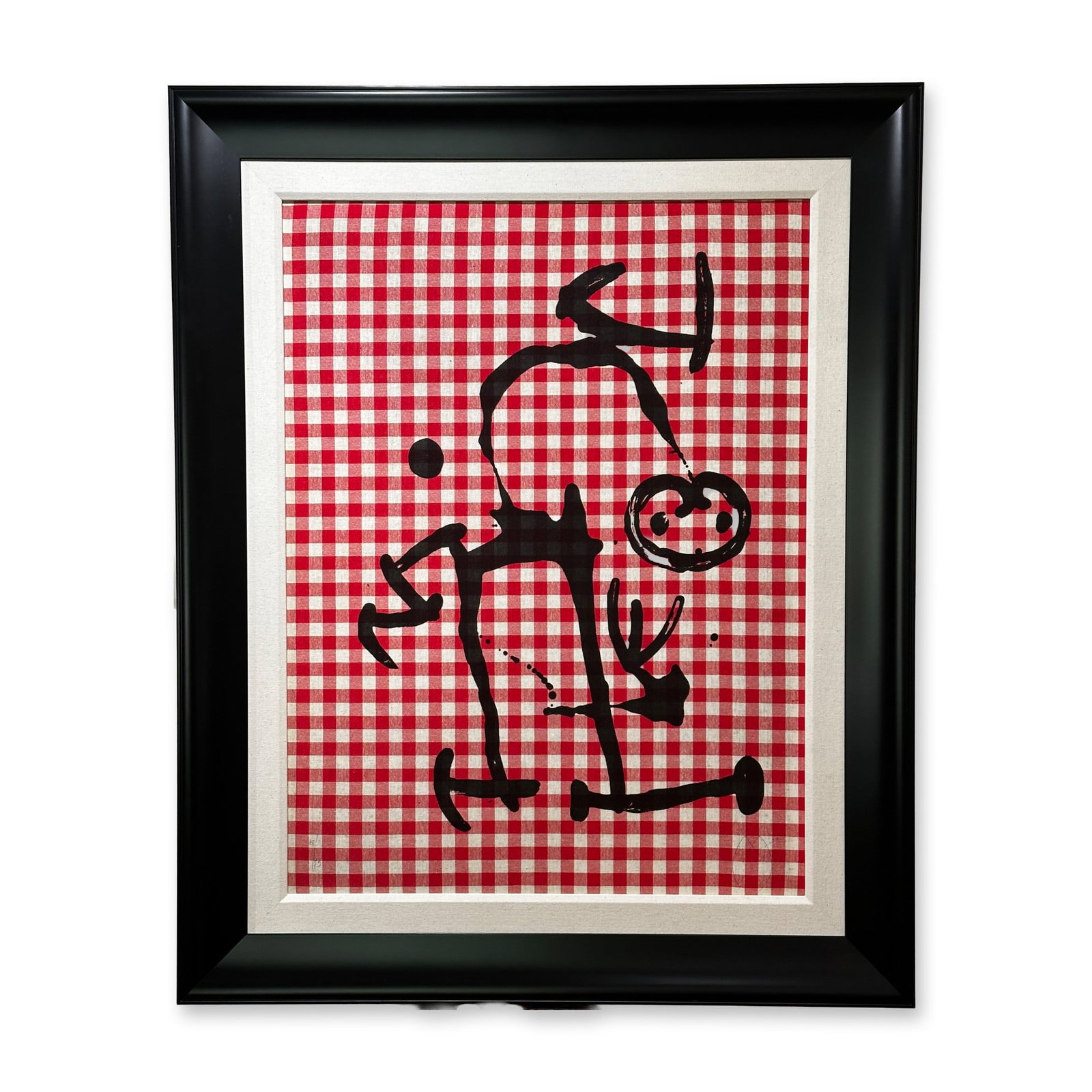Joan Miro (Spanish 1893-1983) Color Lithograph on red and white cloth on Mandeure Chiffon mounted on: Color lithograph on red and white cloth on Mandeure Chiffon mounted on panel titledL'Illetre aux Carreaux Rouges Signed lower right numbered 18/75 Sight size 32.25" x 24.37" Dimensions: See Descriptio