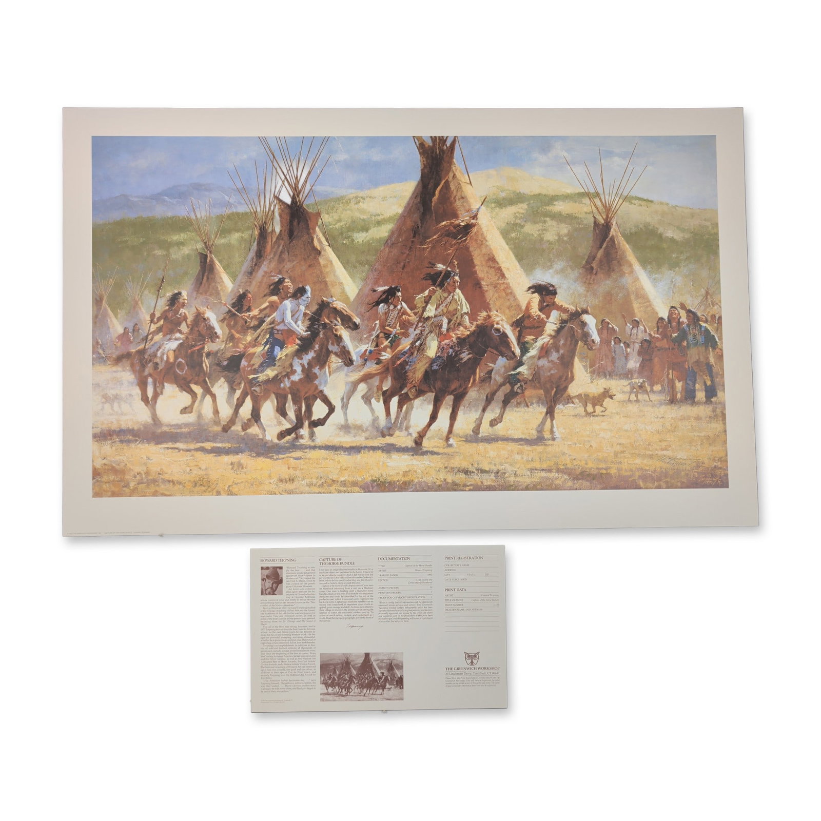Howard Terpning (American, b. 1927), "Capture of the Horse Bundle" Signed Lithograph: Howard Terpning (American, born 1927). Limited edition lithographic print titled Capture of the Horse Bundle, published by The Greenwich Workshop, Inc. in 1993. The composition depicts seven Crow warr