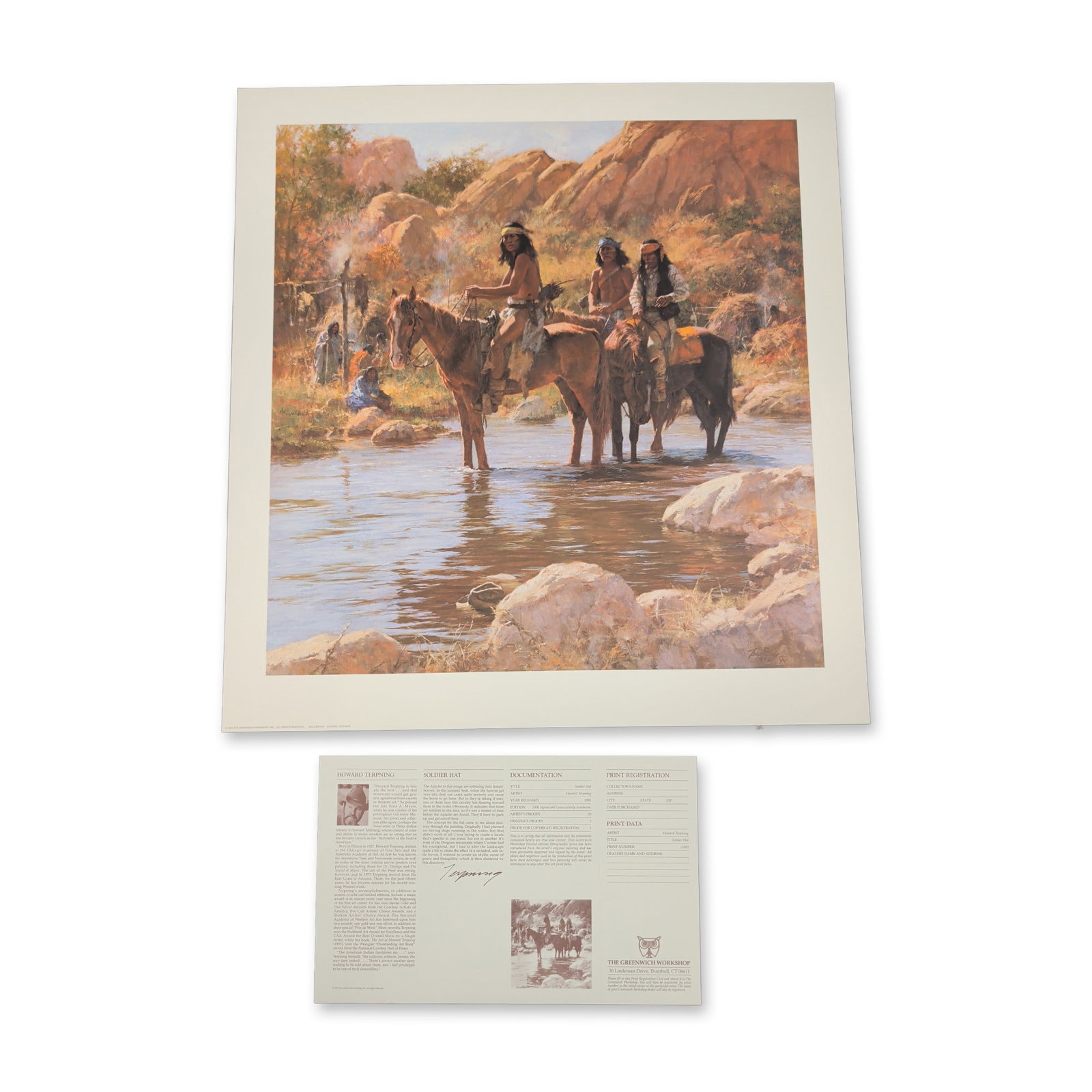 Howard Terpning (American, b. 1927), Soldier Hat, Signed Lithograph: Howard Terpning (American, b. 1927). Soldier Hat, offset lithograph on paper, 1993. Published by The Greenwich Workshop, Inc. The composition depicts three Apache scouts on horseback traversing a shal